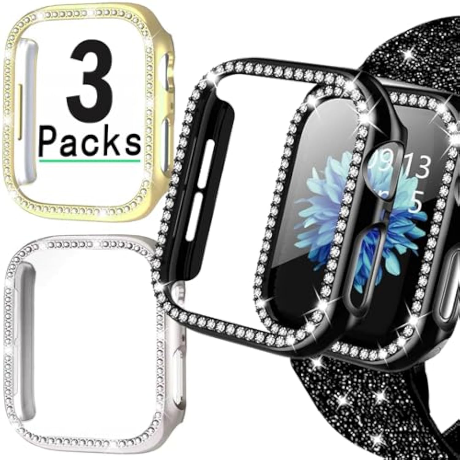 Women Sparkly Iwatch Screen Protector Case Compatible With Apple Watch Band 38Mm 40Mm 41Mm 42Mm 44Mm 45Mm 46Mm Series,No_Glass Slim Bling Bumper (Black+Golden+Silver, 38 Mm)