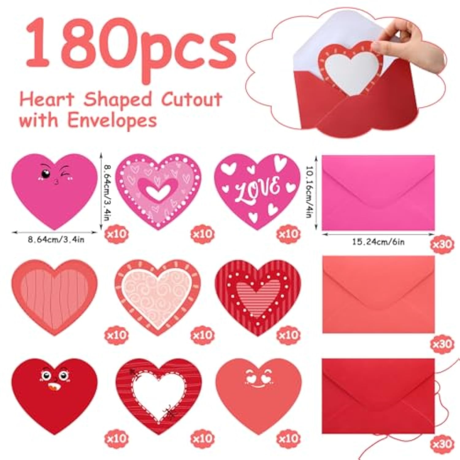 180 Pcs Valentine'S Day Cards With Envelopes Blank Heart Shaped Greeting Cards Funny Paper Cutouts Gummed Envelopes For Valentine'S Day Anniversary Weddings Invitations, 4 X 6 Inch(Cute Eyes)