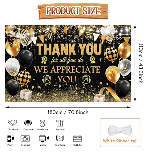Black Gold We Appreciate You Backdrop Thank You Appreciation Banner Thank You for All You Do Banner Employee Staff Appreciation Gifts Teacher Doctor Retirement Party Decor 70.8 x 43.3 inch