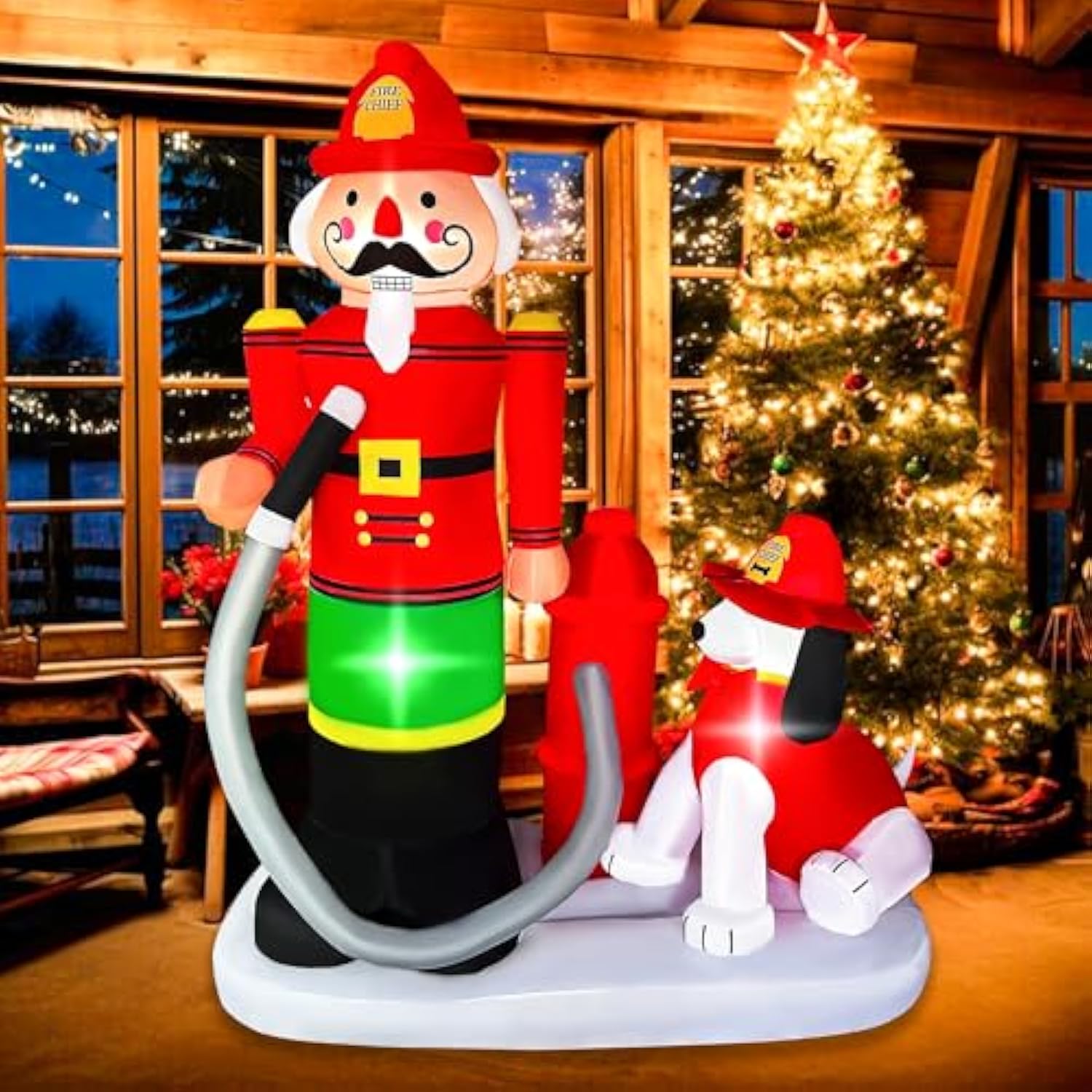 7 Ft Christmas Inflatables Fire Fighter With Dog Decorations, Led Lighted Xmas Blow Up Puppy For Party Indoor Outdoor Ga