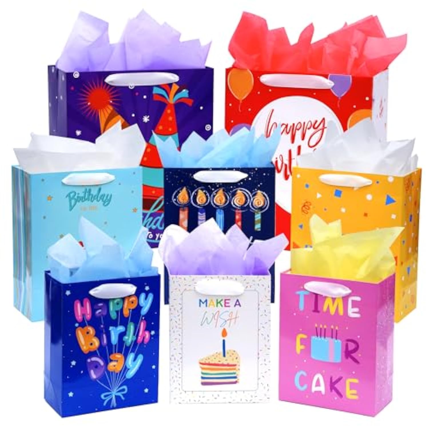 8 Pack Birthday Gift Bags Assorted Sizes (2 Extra Large 15", 3 Large 13",3 Medium 9") With Ribbon Handle And Tissue Paper, Reusable And Perfect For Wrapping Present