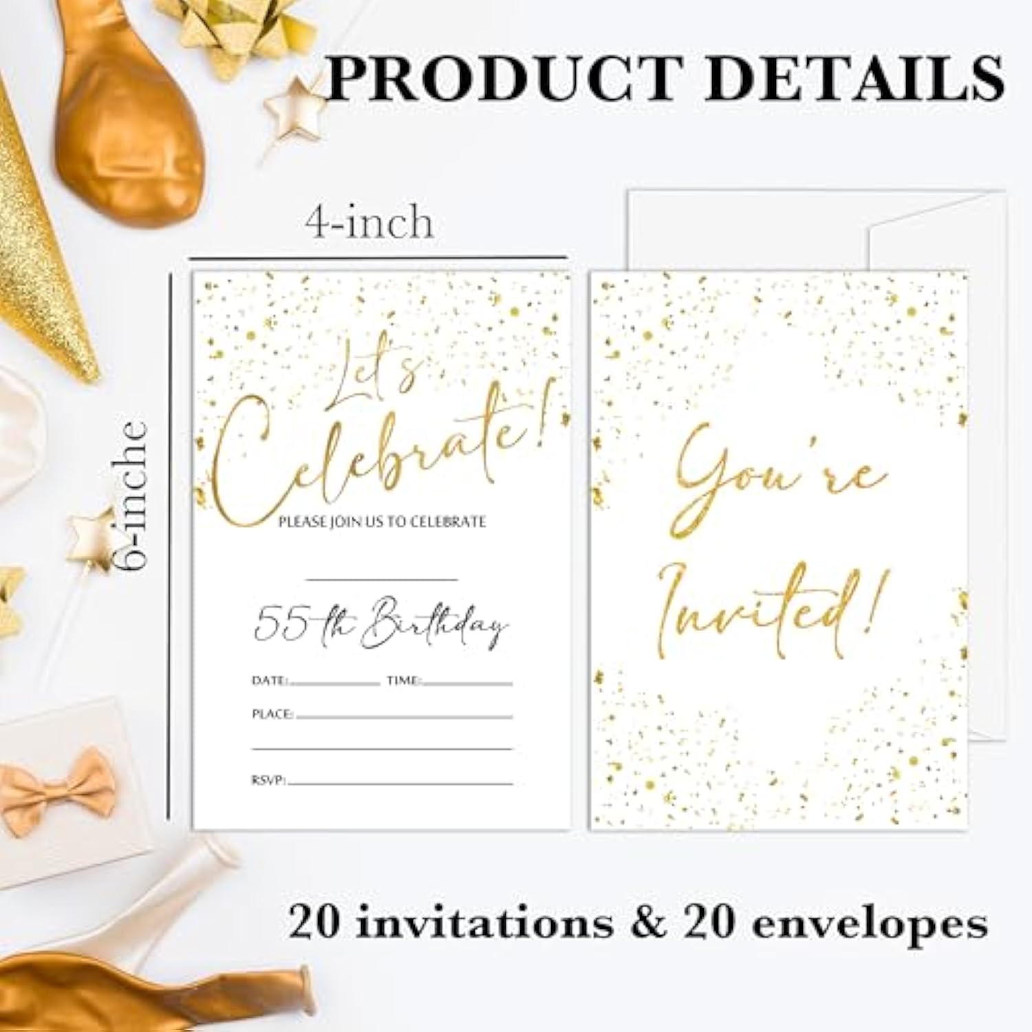 55Th Birthday Invitations Cards, 4"X 6" White And Gold Confetti Birthday Party Invites With Envelopes For Party Decorations Supplies(20 Pieces) -D14
