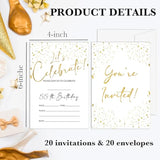 55Th Birthday Invitations Cards, 4"X 6" White And Gold Confetti Birthday Party Invites With Envelopes For Party Decorations Supplies(20 Pieces) -D14