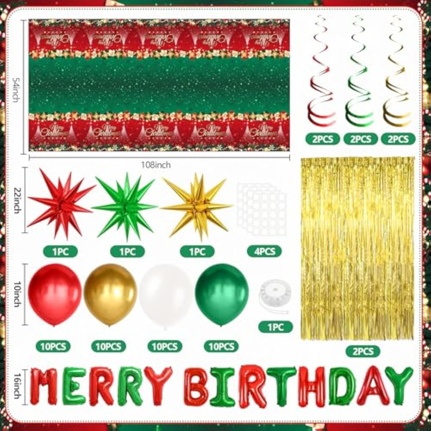 Merry Birthday Christmas Balloon Garland Red Green Gold Party Decor