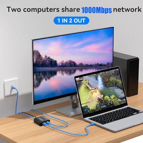 Ethernet Splitter 1 To 2 1000Mbps Internet Cable Splitter 1 In 2 Out High Speed Either Network Splitter Gigabit Dual Lan Rj45 Port Router Switch Work With Cat6/7/8 Cable