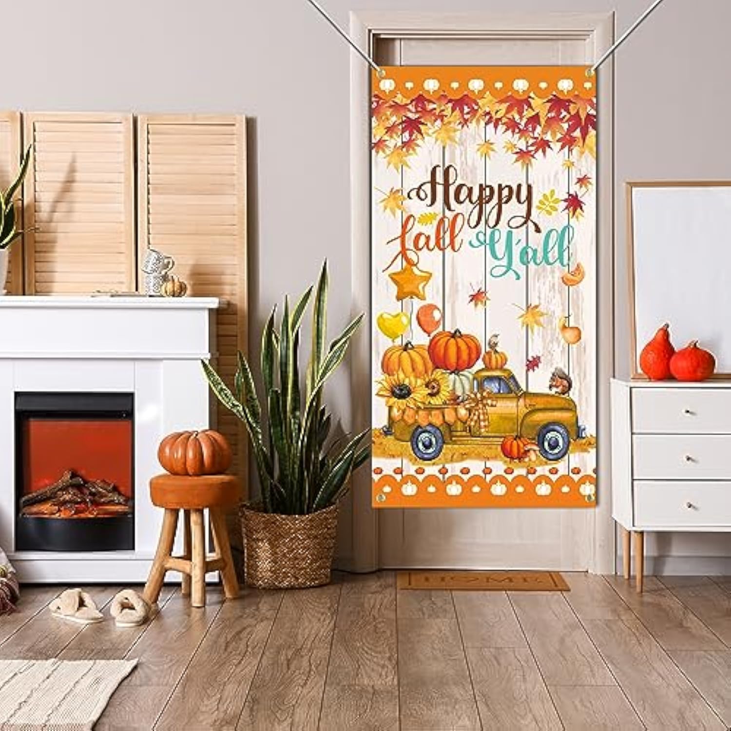 Happy Fall Y'All Door Banner, Large Autumn Thanksgiving Welcome Porch Sign, Harvest Pumpkin Sunflower Decor - 70.9 X 35.4 Inches