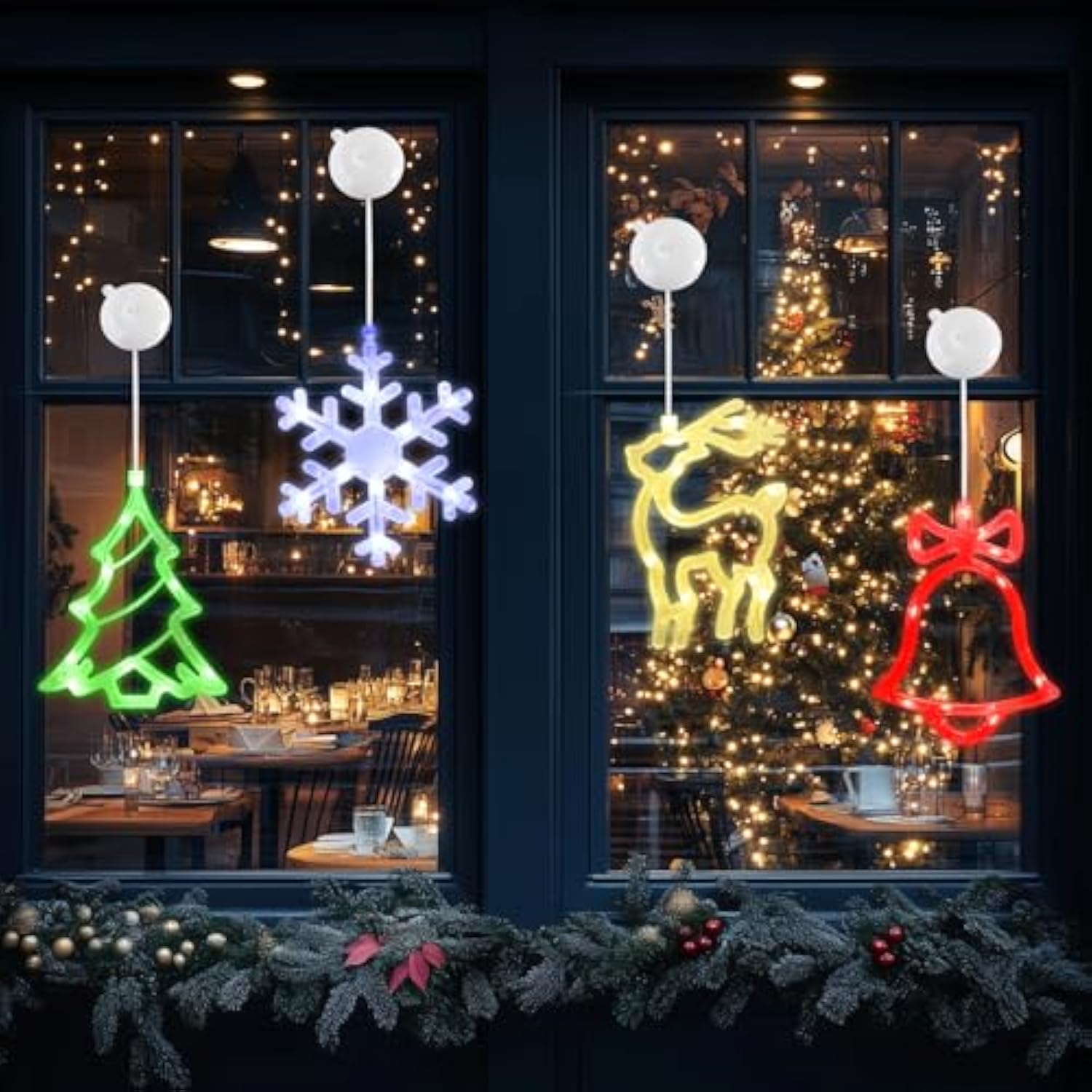 Christmas Decor Window Lights With Suction Cups, Battery Operated Indoor Hanging Lights, 4 Packs