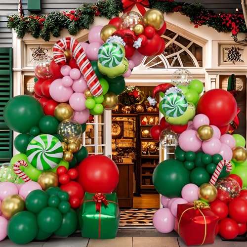 Christmas Balloon Garland Arch Kit with Xmas Pink Red Green Gold Confetti Balloons Candy Cane Gift Box Foil Balloons for Christmas New Year Birthday Party Decorations