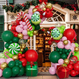Christmas Balloon Garland Arch Kit with Xmas Pink Red Green Gold Confetti Balloons Candy Cane Gift Box Foil Balloons for Christmas New Year Birthday Party Decorations