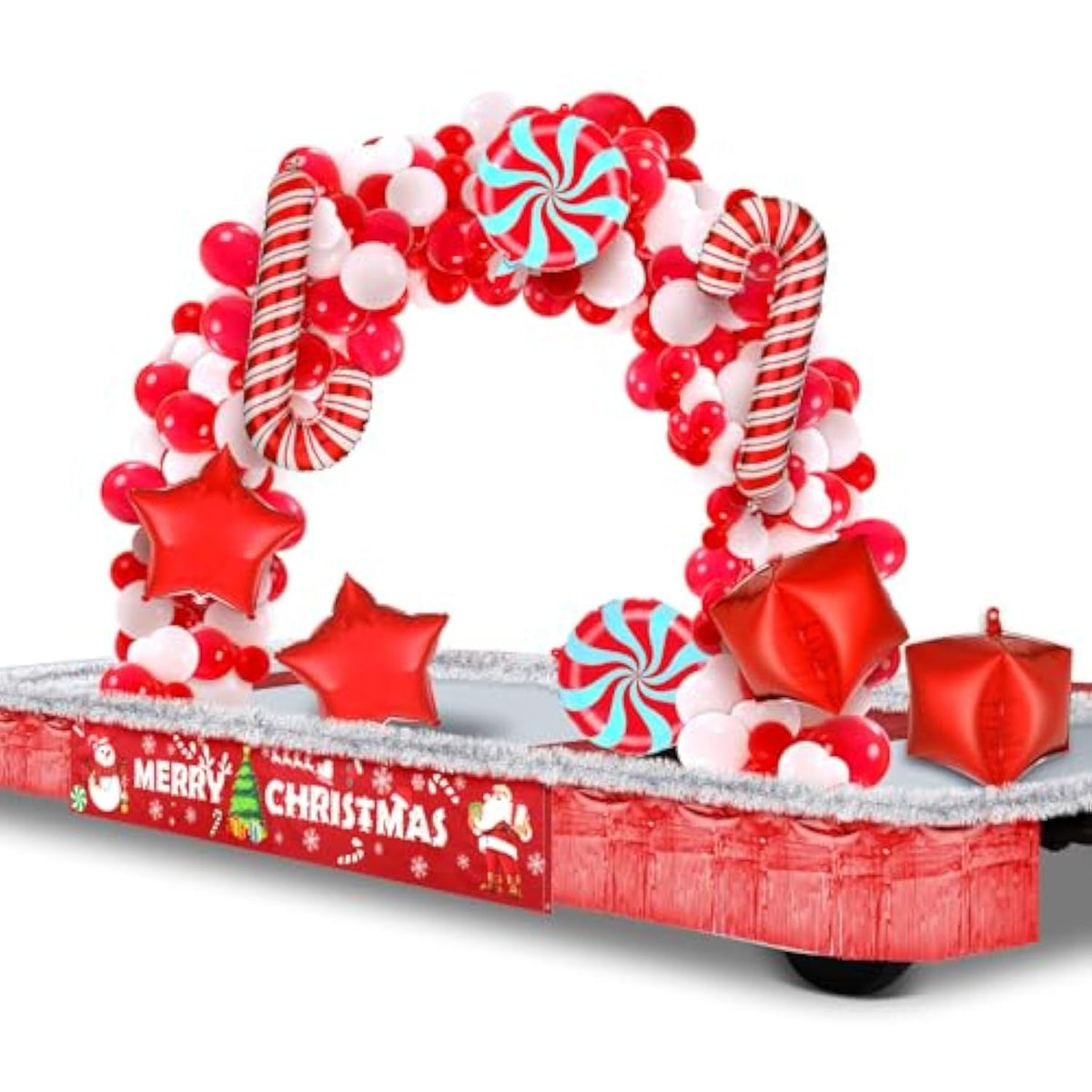 12 Pcs Christmas Parade Float Decorating Kit, Xmas Balloon Garland Arch Kit Merry Christmas Banner Metallic Red Foil Fringe Metallic Tinsel Twist Garland For Party Decor (Sliver)