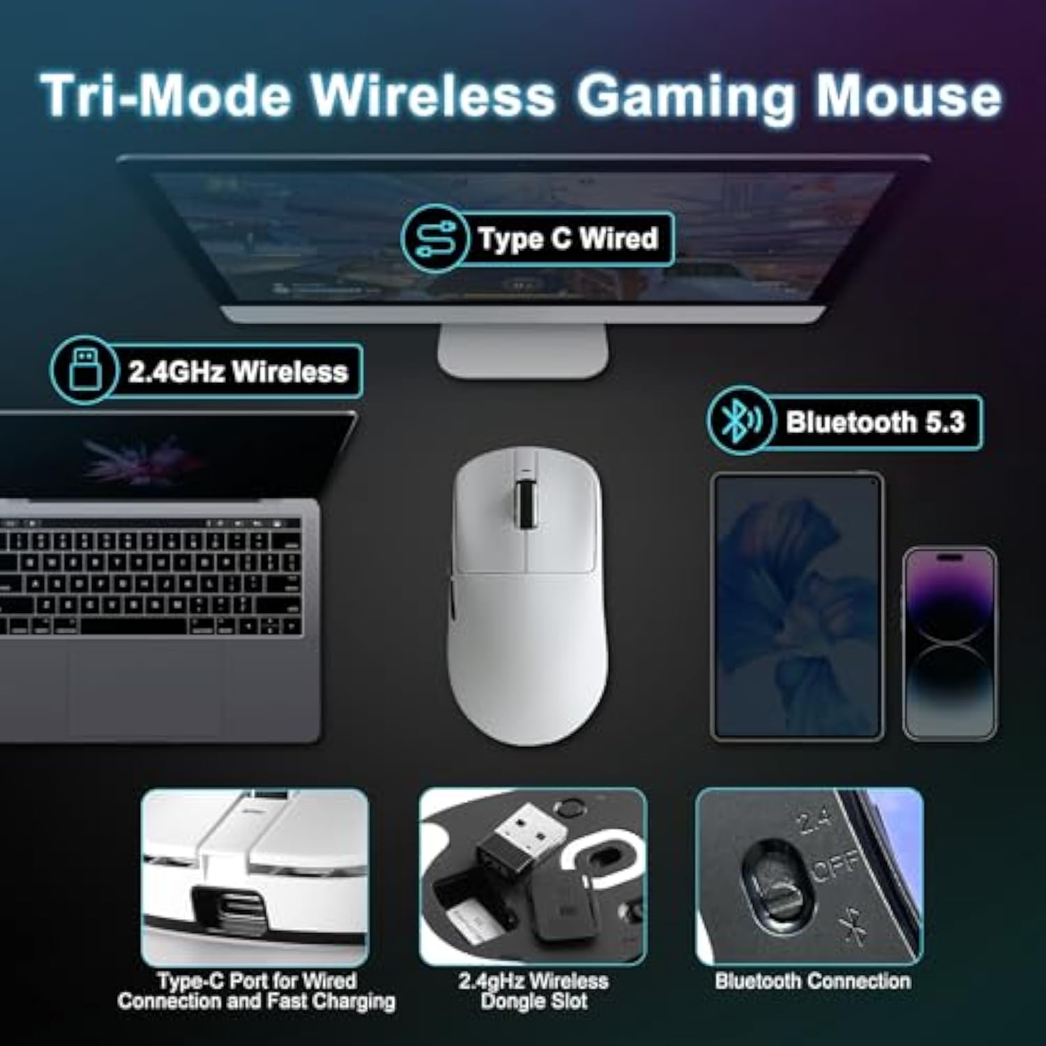 R1 Se+ Wireless Gaming Mouse, 18000 Dpi, High-Precision Paw3395 Se Sensor,55G Lightweight,Tri-Mode 2.4G/Bt5.0/Usb-C Gaming Mouse, Programmable Ergonomic Mice Suitable For Laptops/Pc/Mac (White)