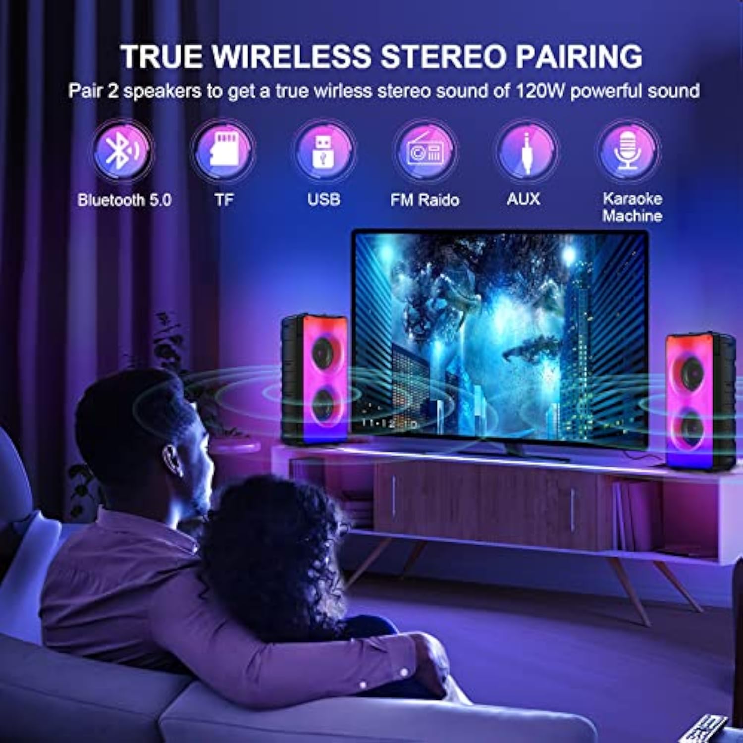 Bluetooth Speakers, 60W(80W Peak) Portable Loud Wireless Stereo Speaker With Rich Bass, Bluetooth 5.0, Fm Radio, Colorful Light, Tws Pairing, Eq, 10000Mah Battery, Outdoor Speaker For Home Party Gift