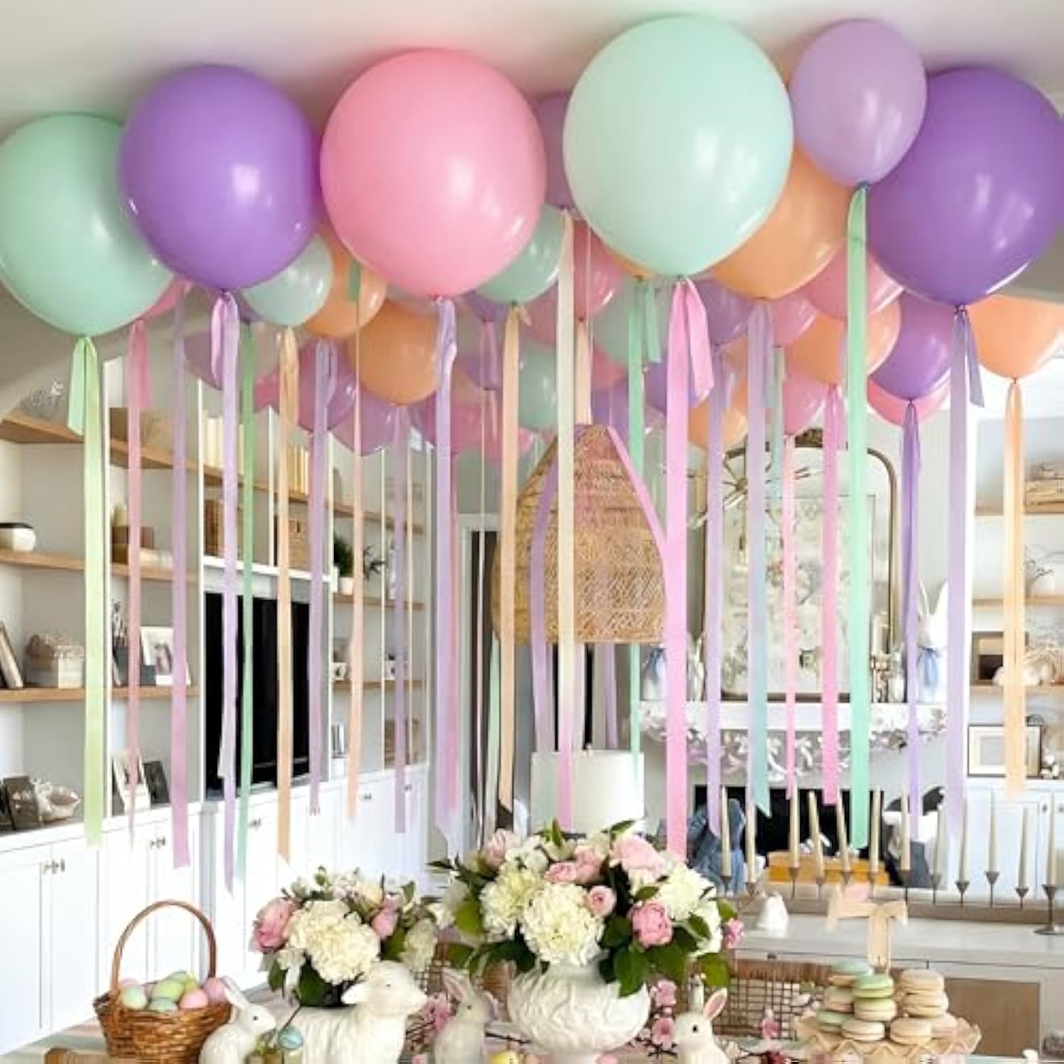 100 Pack Easter Decorations Pastel Balloons 12 Inch Macaron Balloons With Satin Ribbon Round Rainbow Latex Balloon For Easter Birthday Spring Wedding Bridal Shower Ceiling Party Decorations