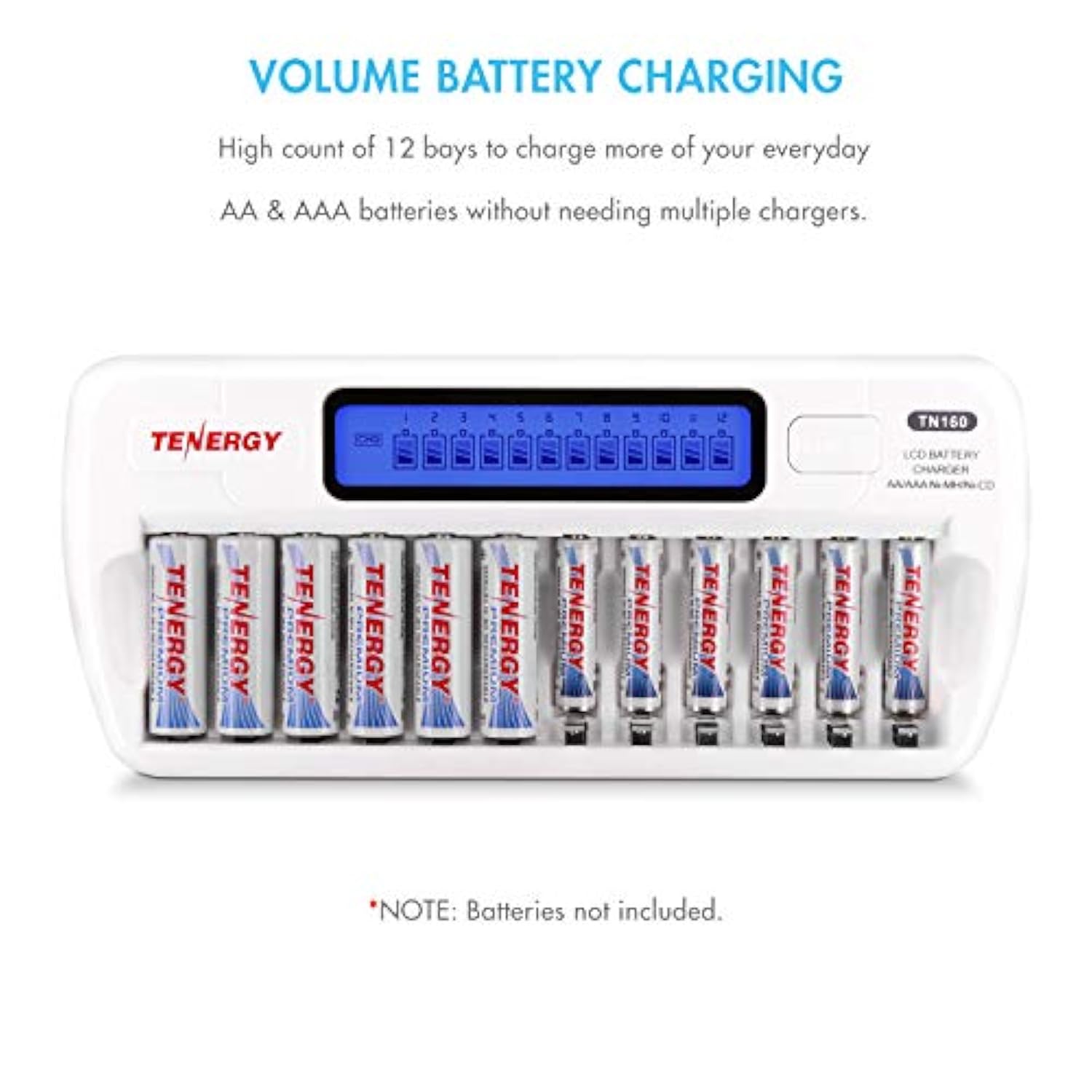 Tenergy TN160 12-Bay Smart Battery Charger for AA/AAA NiMH/NiCd Rechargeable Batteries with Refresh Function