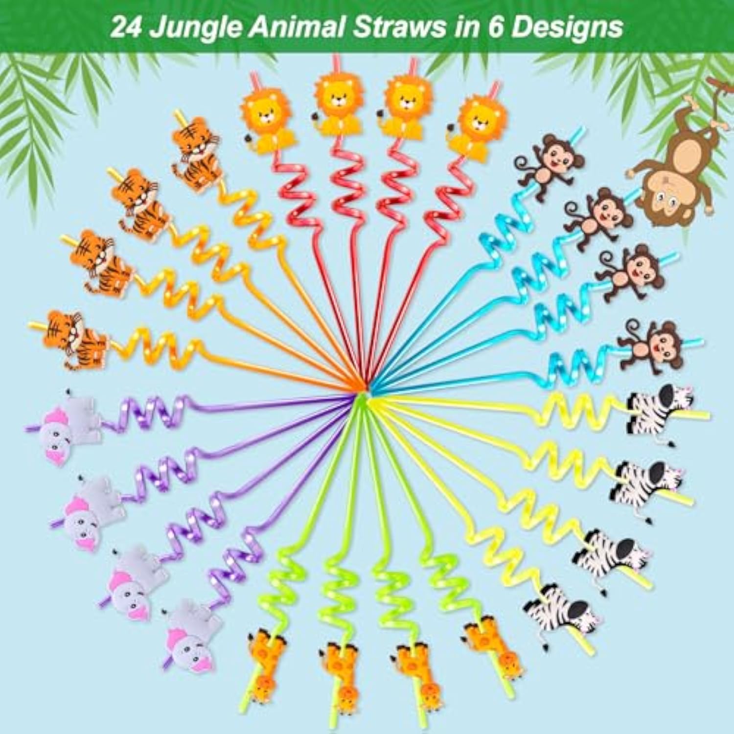 Safari Animal Straws Reusable Crazy Jungle Plastic Straws Bulk For Kids Woodland Birthday Party Favors 24 Pcs