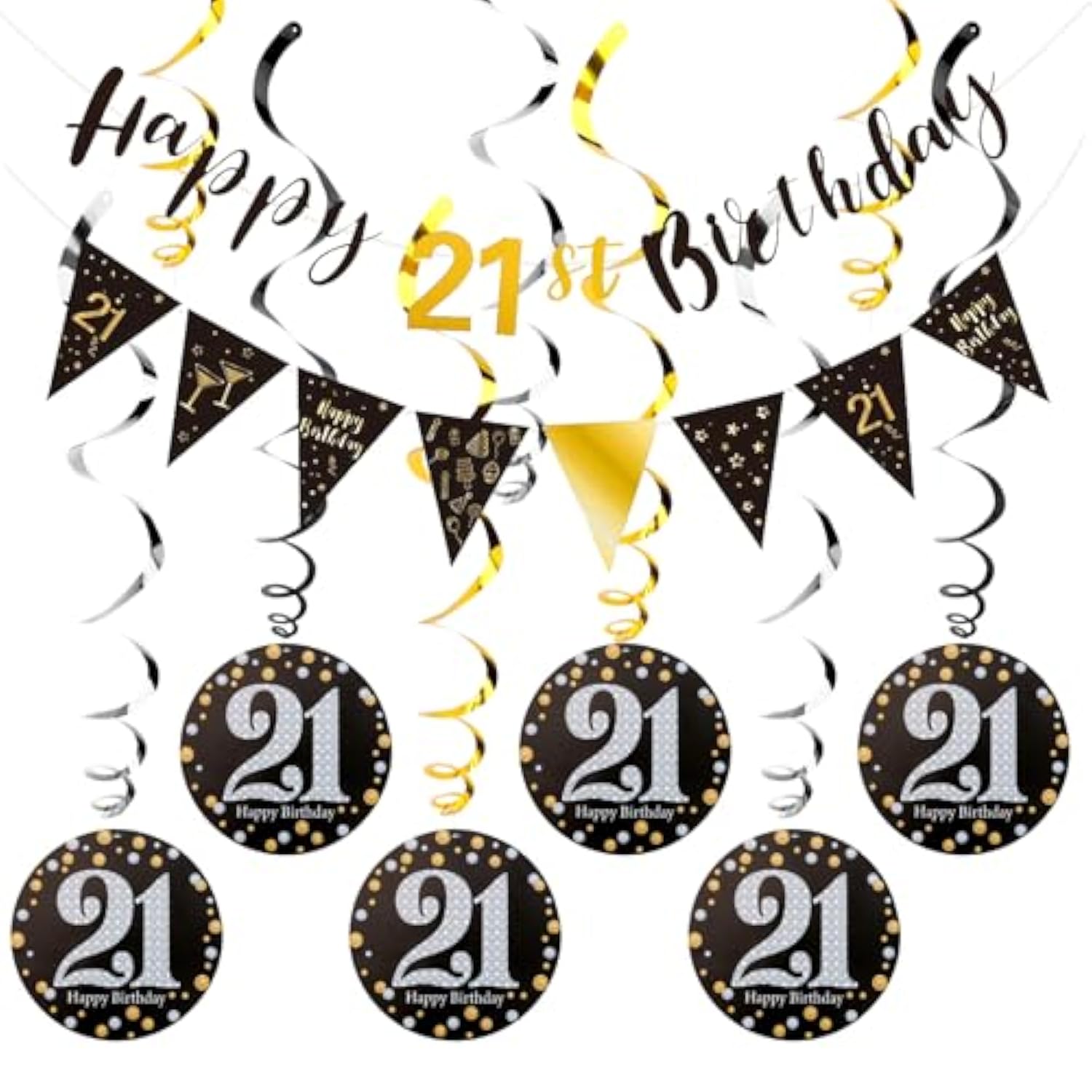 21St Birthday Decorations - Black Gold Pre-Assembled Triangle Flag Banner And Glitter Hanging Swirls Party Set