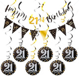 21St Birthday Decorations - Black Gold Pre-Assembled Triangle Flag Banner And Glitter Hanging Swirls Party Set