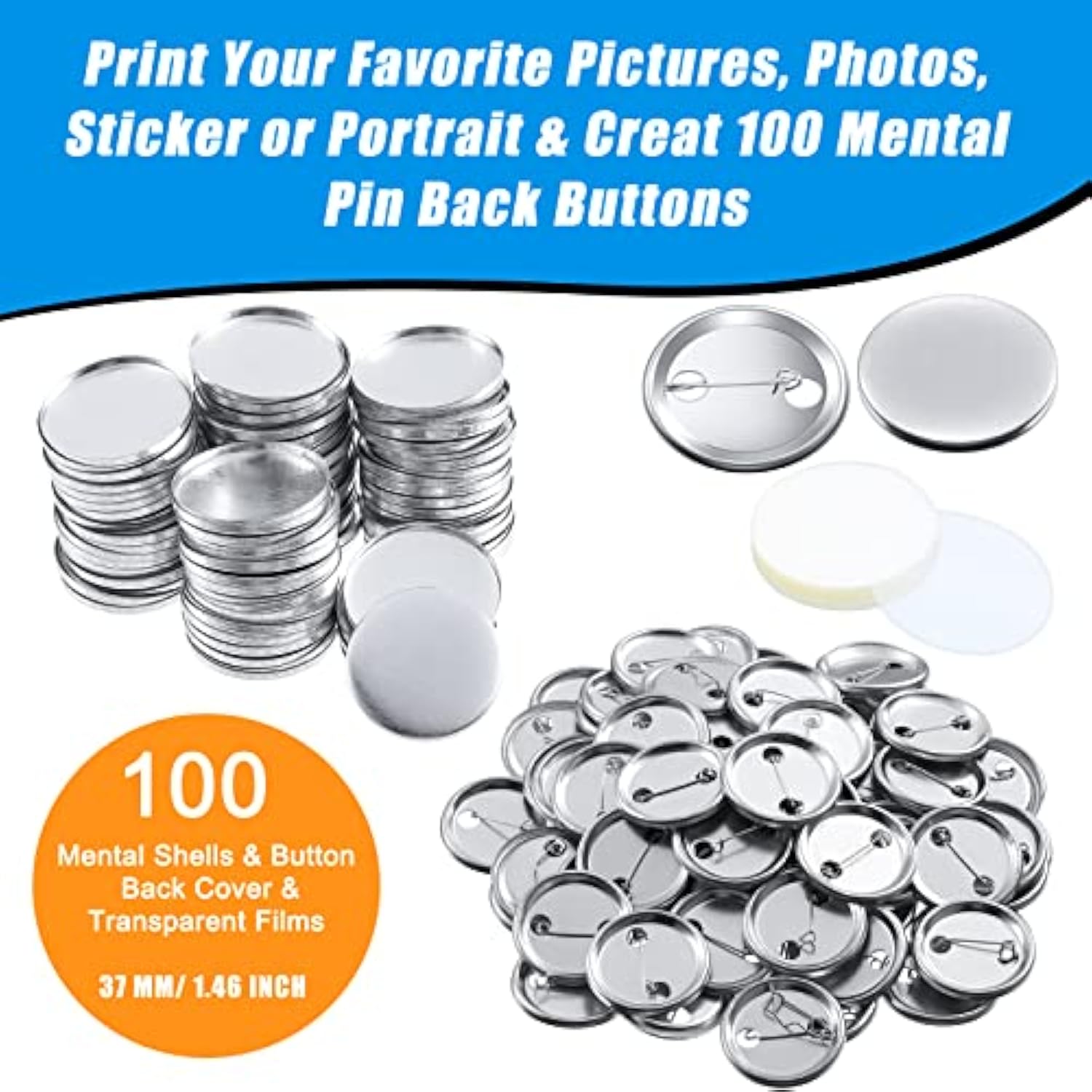 100 Sets Blank Button Making Supplies Round Badge Button Parts Metal B