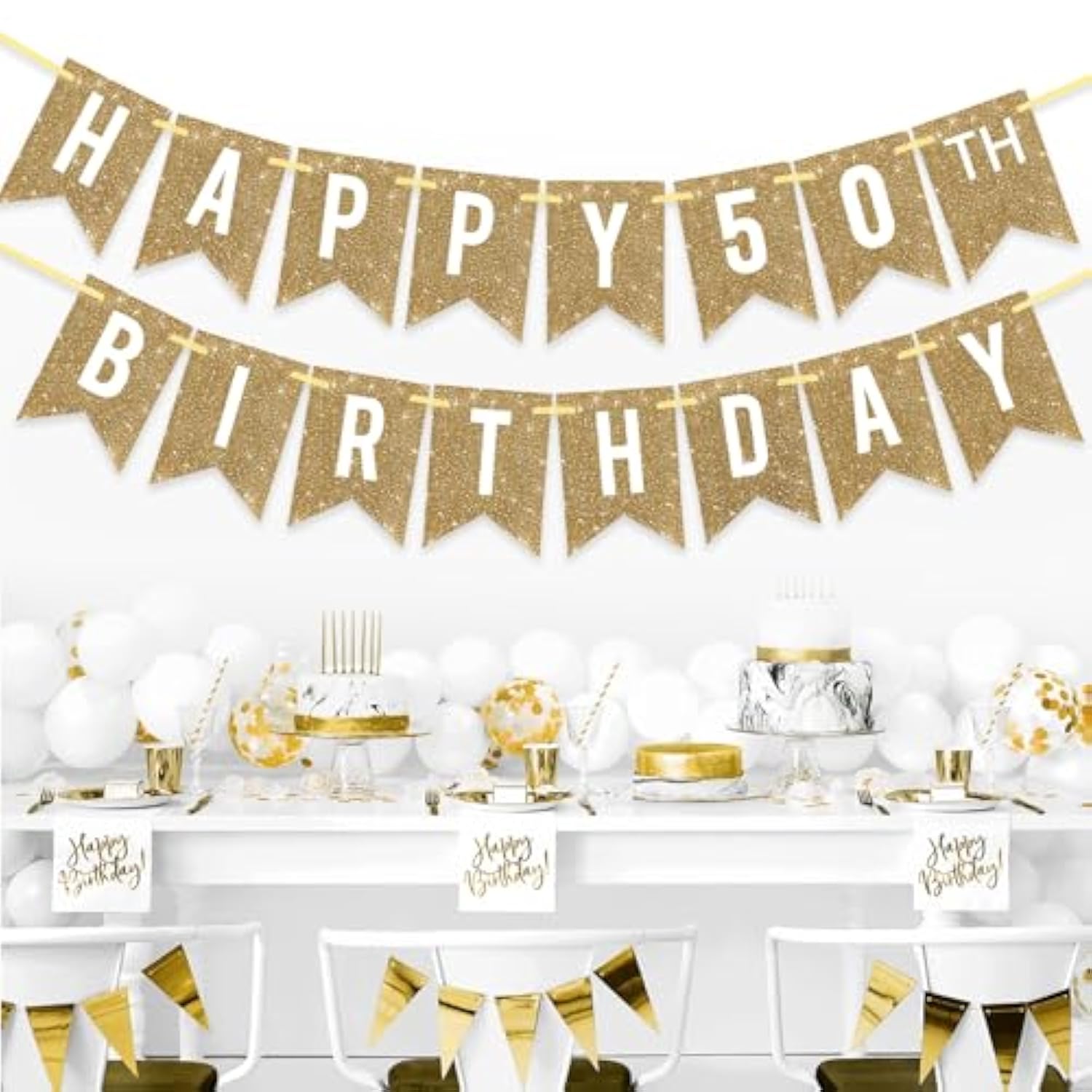Pre-Strung Gold 50th Birthday Banner, Glitter Decor for Women & Men’s Party Supplies