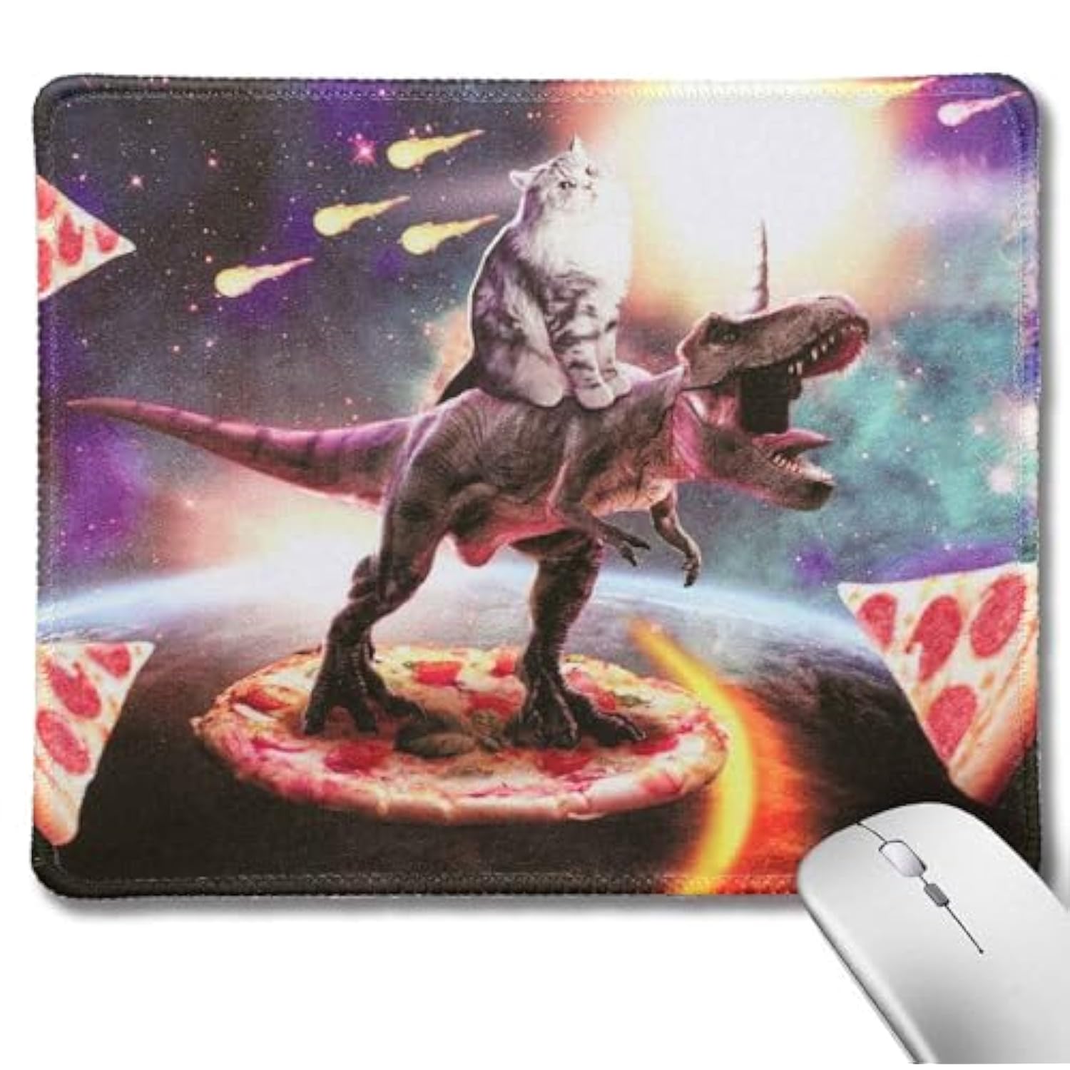 Cat Mouse Pad For Kids, Funny Mouse Pads With Non-Slip Rubber Base, Stitched Edge, Lycra Cloth, Interstellar Dinosaurs Mousepad For Computer, Laptop, Notebook, Tablet (Pizza Dinosaurs)