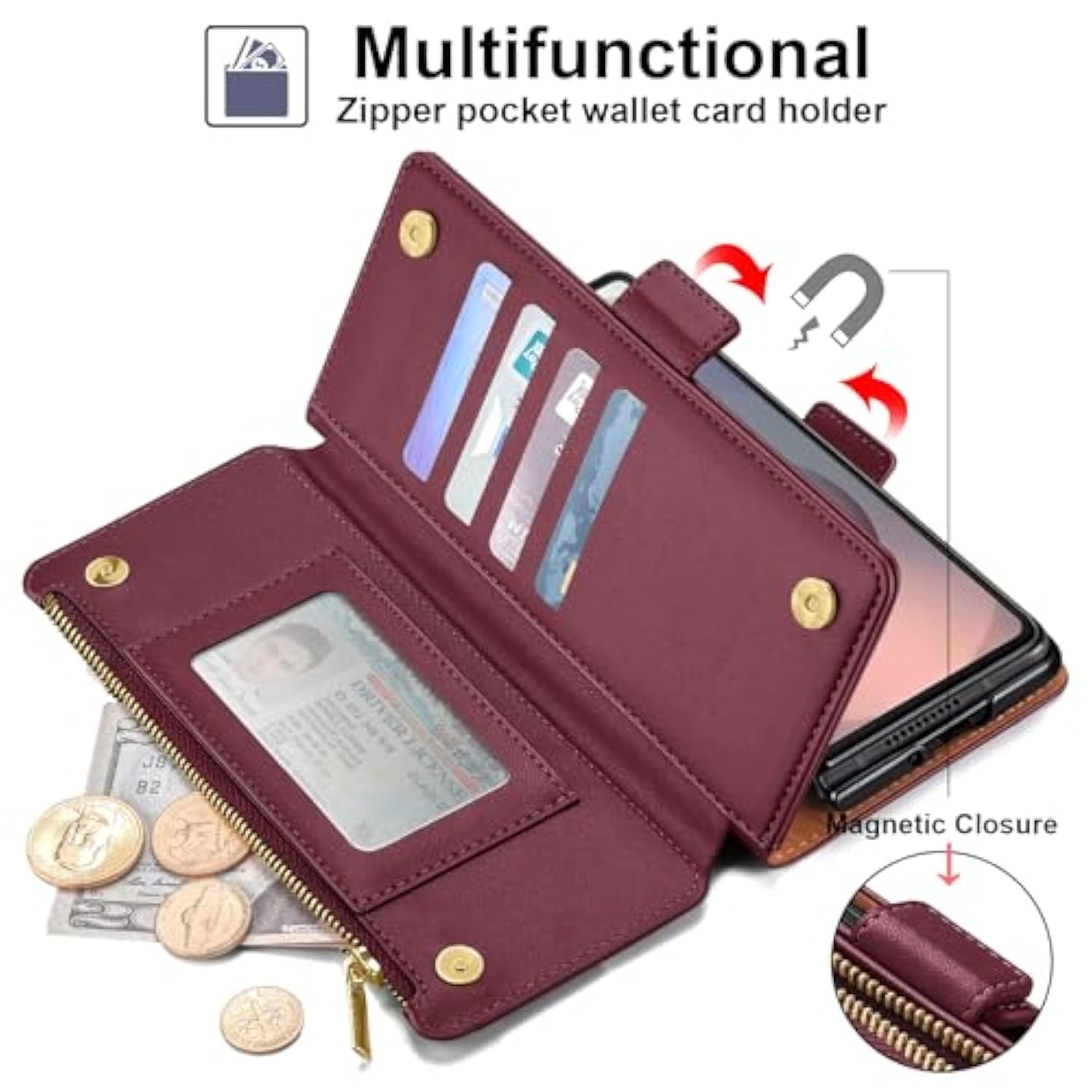 Compatible With Samsung Galaxy Z Fold7 Case Wallet With Card Holder,Z Fold 7 5G Phone Case With Strap Shockproof Pu Leather Rfid Blocking Flip Cover Credit Card Slots Women Men,Wine Red