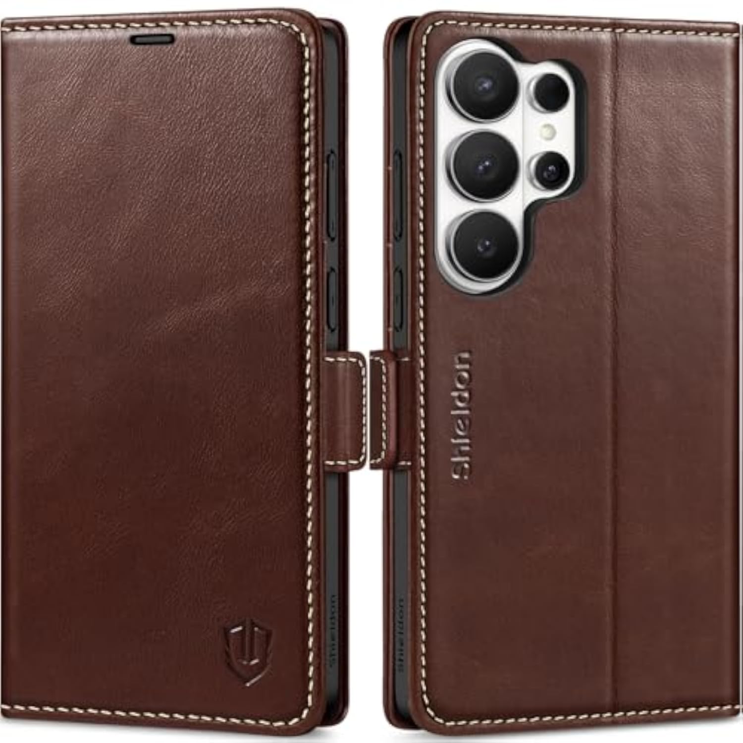 SHIELDON Genuine Leather Wallet Case for Samsung Galaxy S26 Ultra 6.9" Retro Coffee