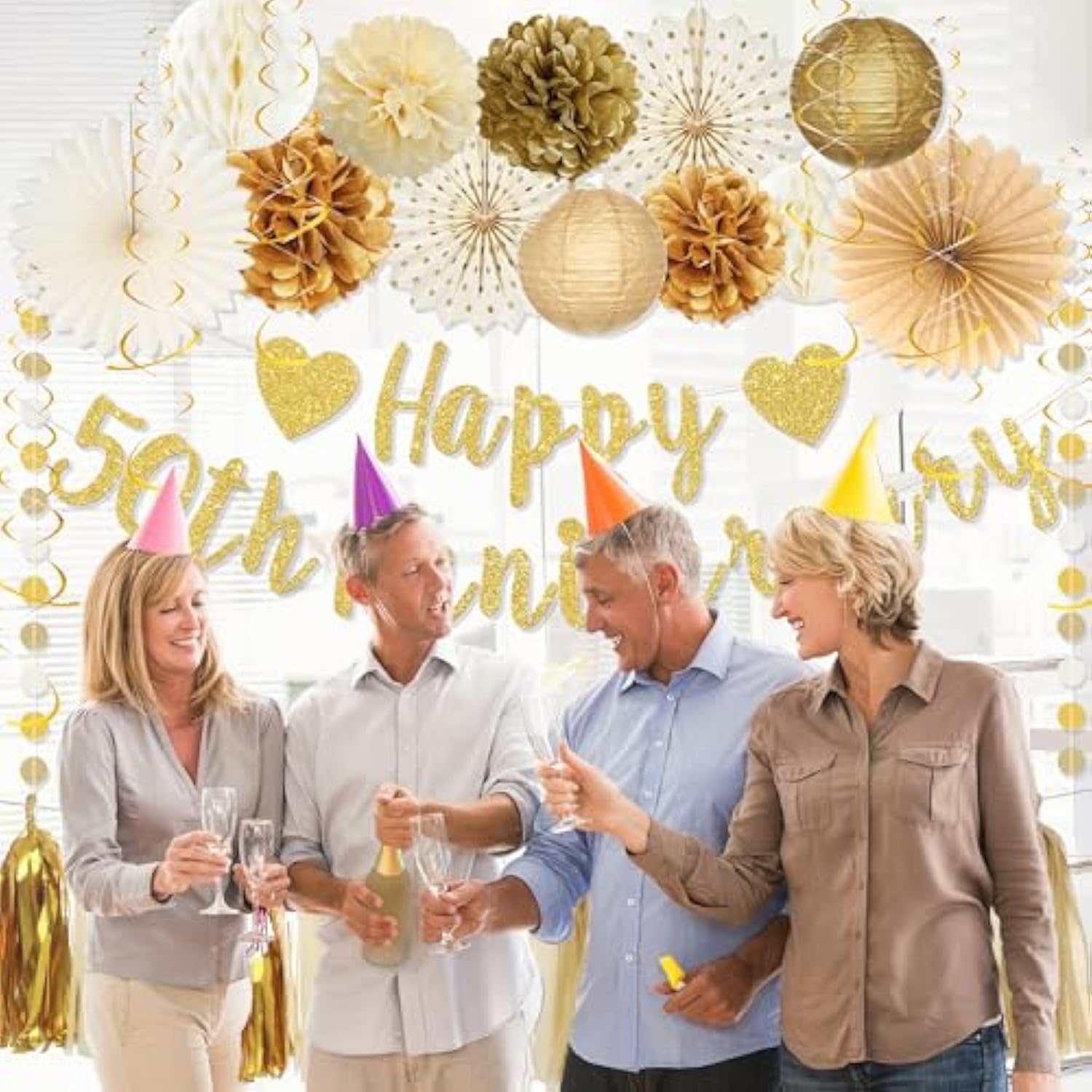 50Th Anniversary Decorations, Gold Glitter Happy 50Th Anniversary Banner Photo Background For Women Men, Cheers To 50 Years Backdrop Pompoms Paper Fans Party Supplies Dad Mom