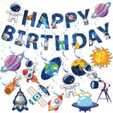 50 Pcs Outer Space Party Decorations Blue Astronaut Ship Happy Birthday Banner Solar System Theme Hanging Swirls Streamers For Birthday Outer Space Party Decorations