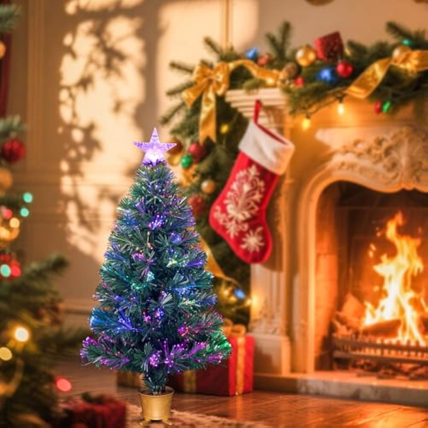 32Inch Pre-Lit Mini Fiber Optic Tabletop Artificial Christmas Tree, Small Xmas Tree With Stars Decorations-Transparent