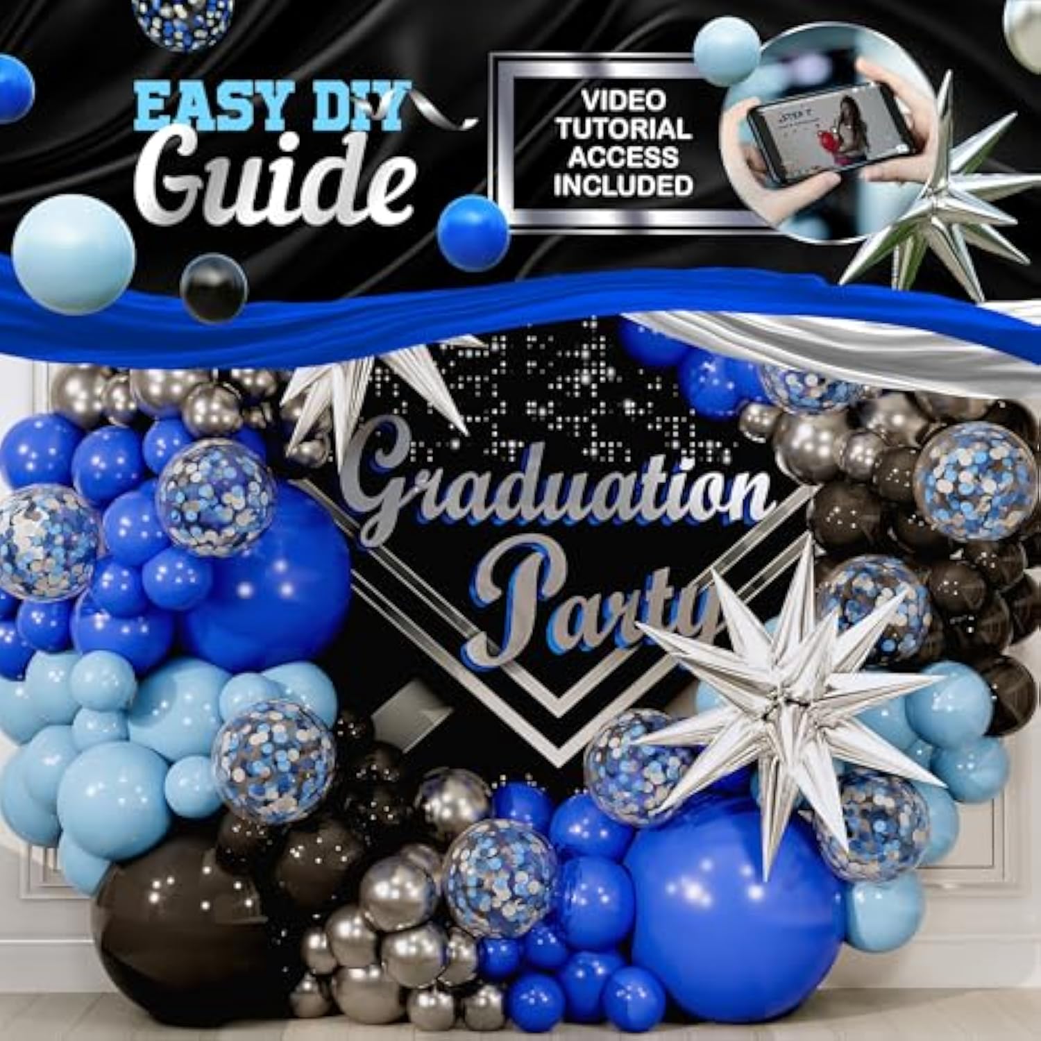 All-in-One Blue & Black Balloon Arch Kit – Navy, Royal, Silver Balloons for Party Decor