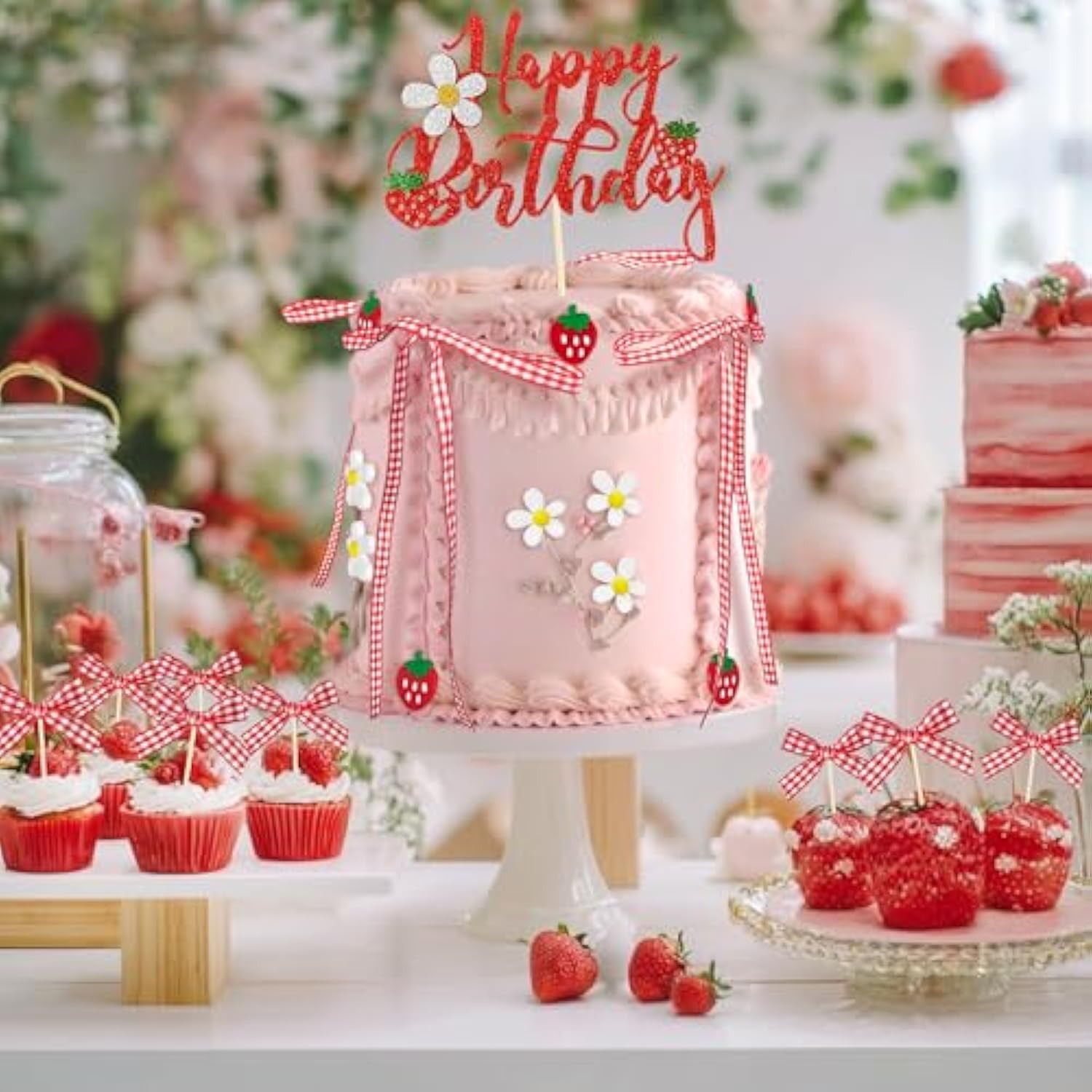 71Pc Strawberry Bow Cake Decorations Set Toppers for Birthday/Shower/Graduation