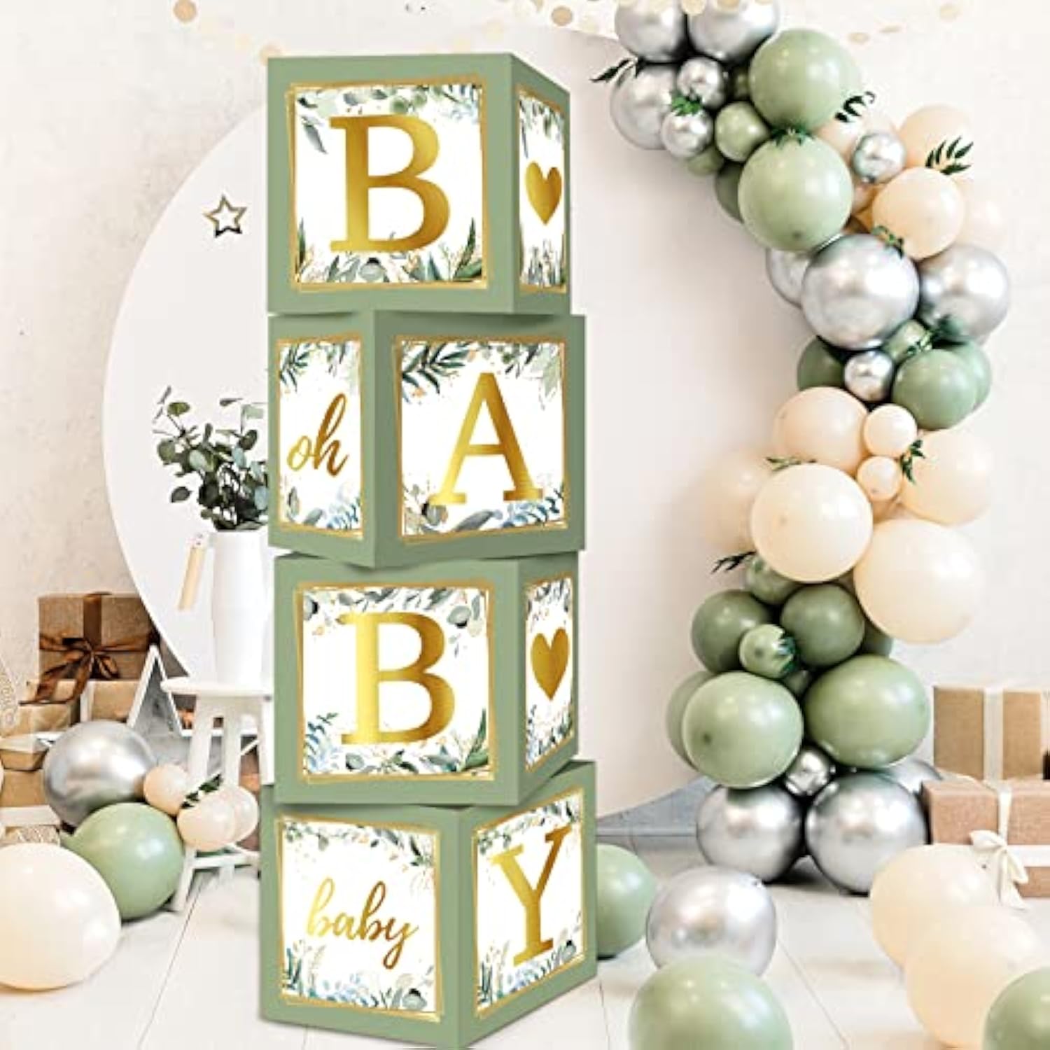 Sage Green Baby Boxes With Letters For Baby Shower, 4Pcs Safari Baby Shower Decorations For Boy Girl Balloon Boxes Gender Reveal Birthday Party Favors