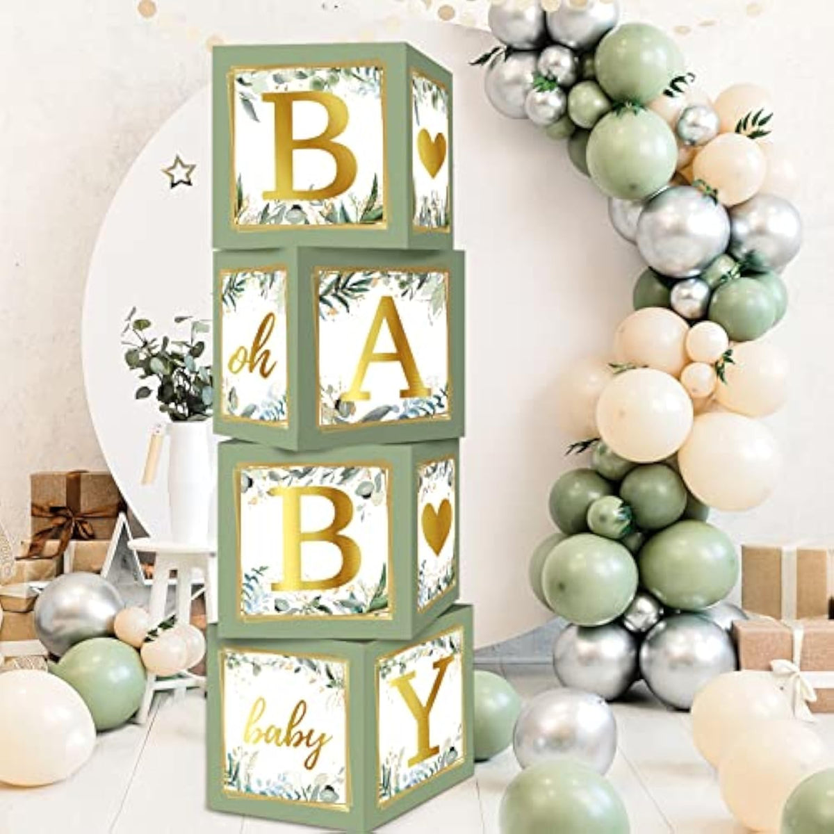 4PCS Sage Green Baby Boxes with Letters for Baby Shower Gender Reveal Birthday Party
