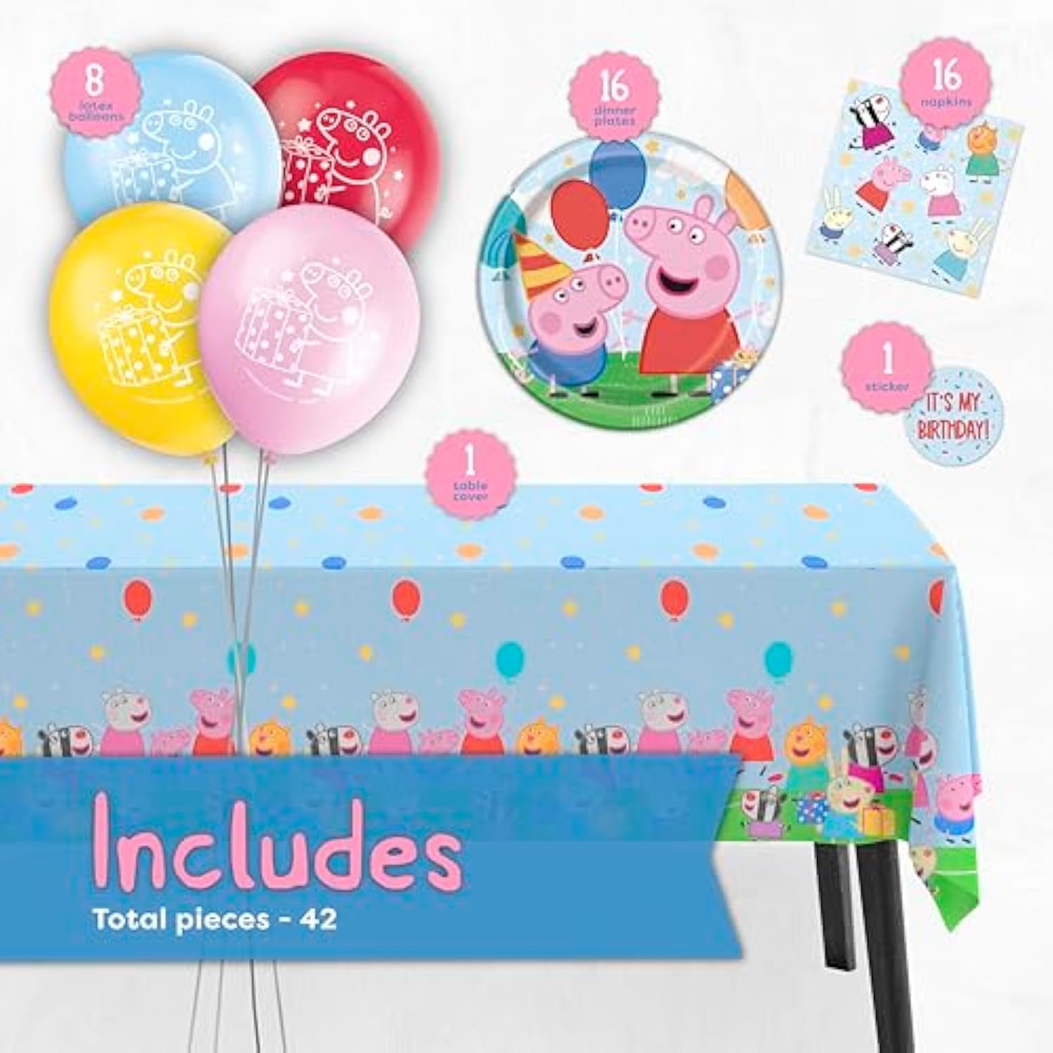 Peppa Pig Birthday Decorations | Serves 16 | Balloons, Tablecloth, Plates, Napkins, Sticker | Peppa Pig Party Decorations