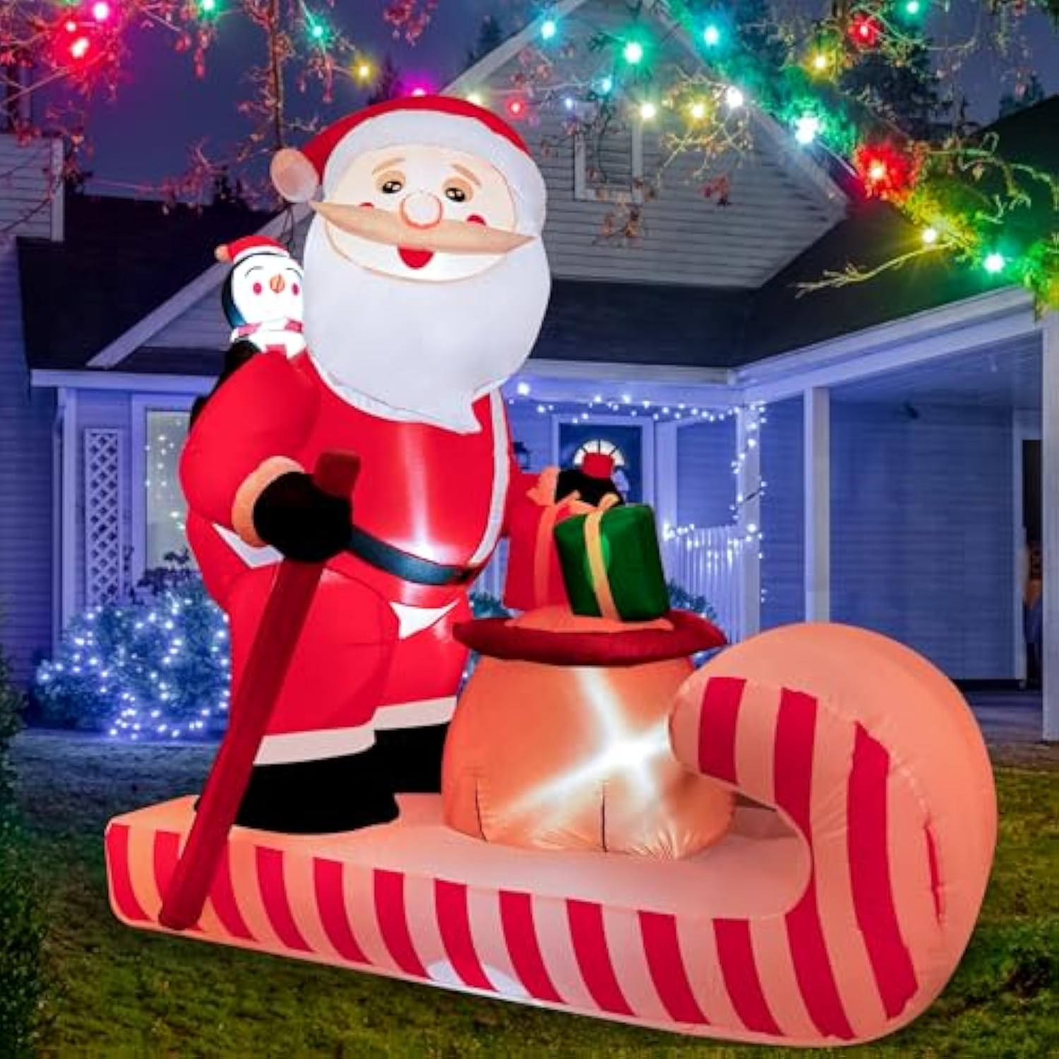 6.5Ft Christmas Inflatable Santa Rides A Sledge Decoration, Blow Up Outdoor Yard Decor, Built-In Led Lights Holiday Infl