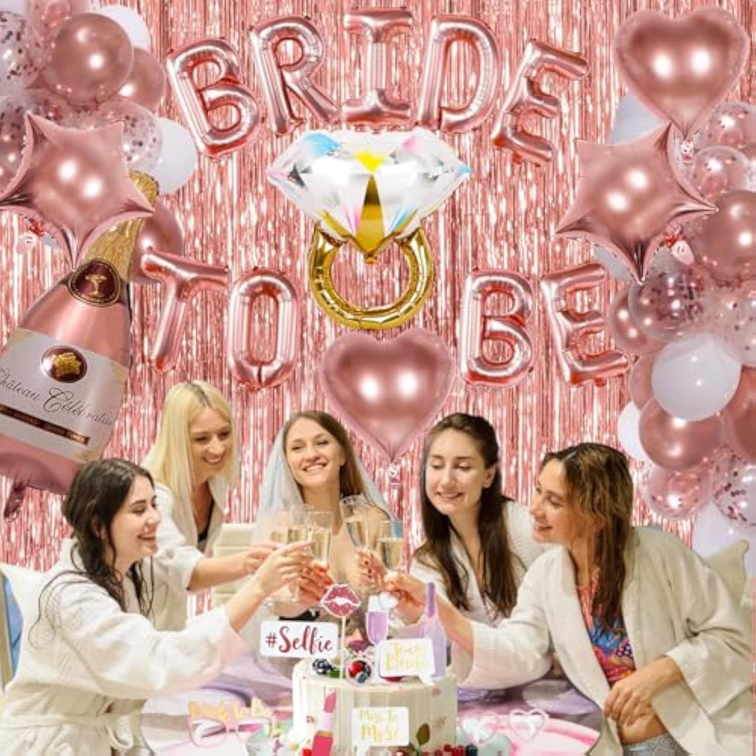 Bachelorette Party Decorations, Rose Gold Bride To Be Decorations With Bride Balloons, Sash, Veil, Tinsel Backdrop For Bridal Shower Decor
