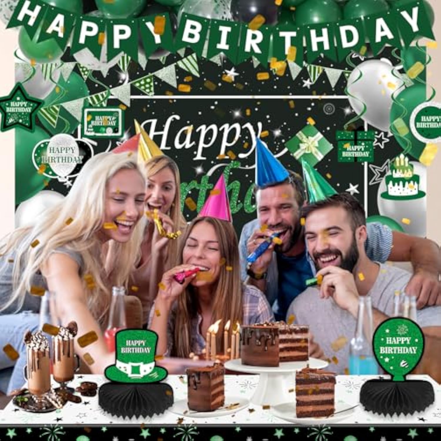 Green And Black Birthday Decorations, Green Party Decorations For Men Boys Women Girls With Balloons Arch Garland Kit Happy Birthday Banner Tablecloth Backdrop Decorations Bady Party Supplies