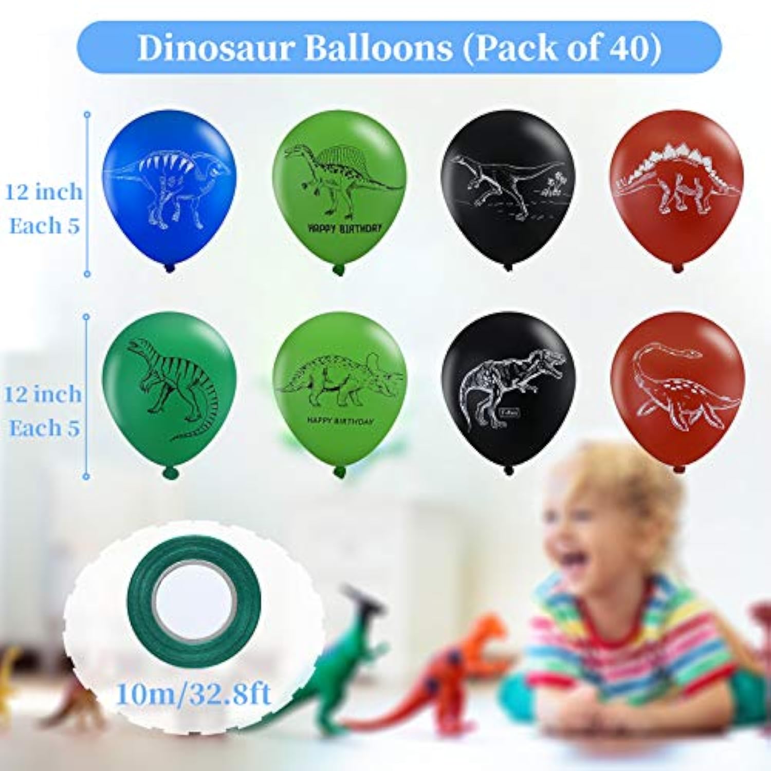 40 Pack Dinosaur Latex Balloons with Green Ribbon Birthday Baby Shower Decorations