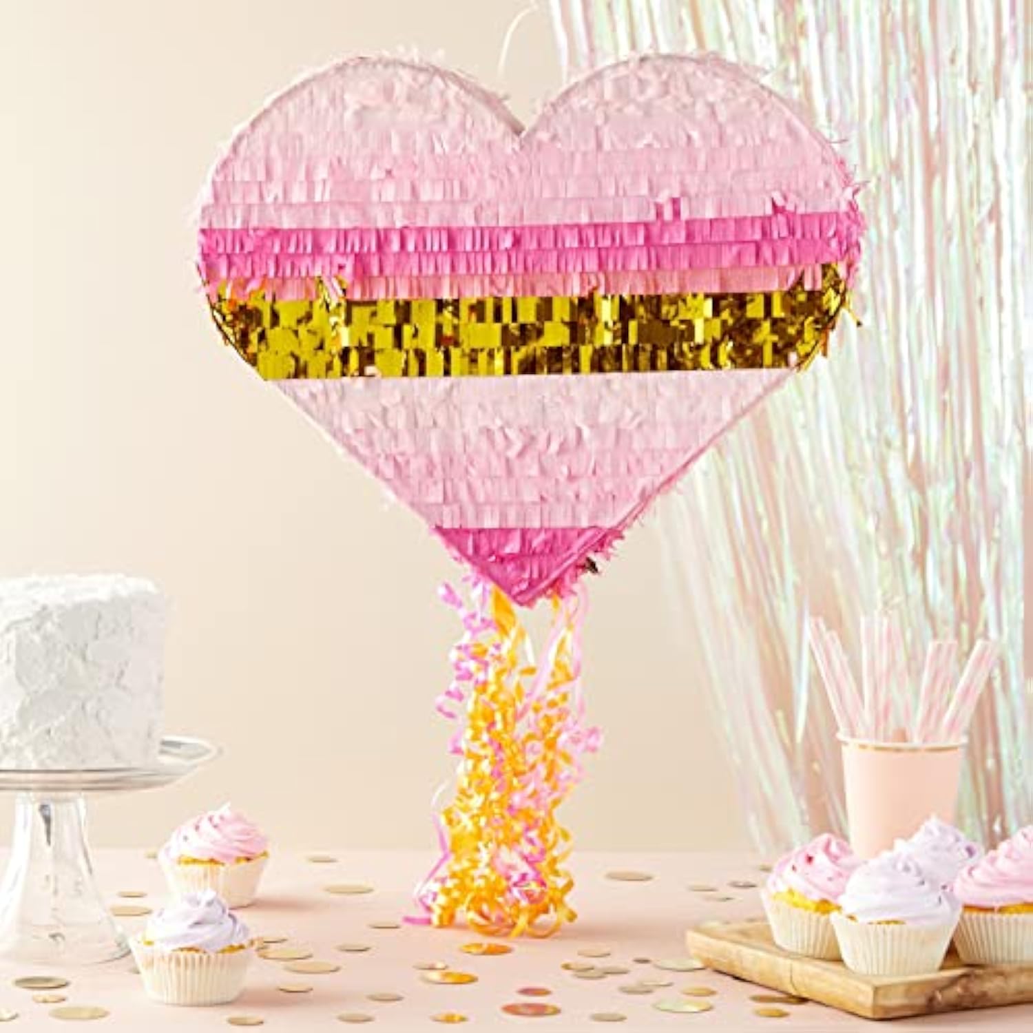 Pull String Pinata - 16 X 13 X 3 In, Pink & Gold Ombre - Heart Shaped Pinata For Girls' Birthday Party Supply & Decoration