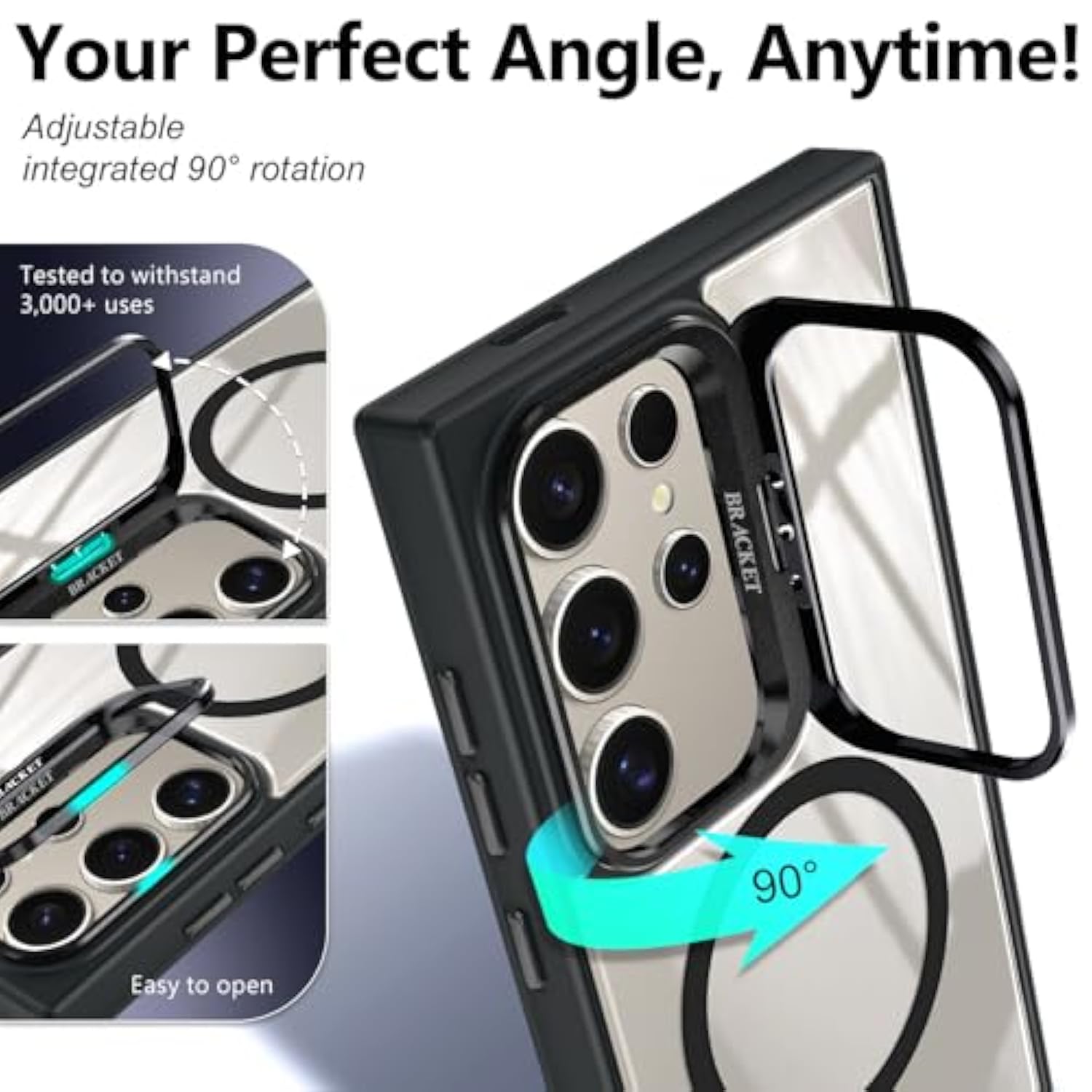 Designed For Samsung Galaxy S24 Ultra Case, Black | Magnetic Compatible With Magsafe | Built-In Stand & Camera Lens Protector | Anti-Yellowing & Scratch-Resistant Crystal Clear Back Cover