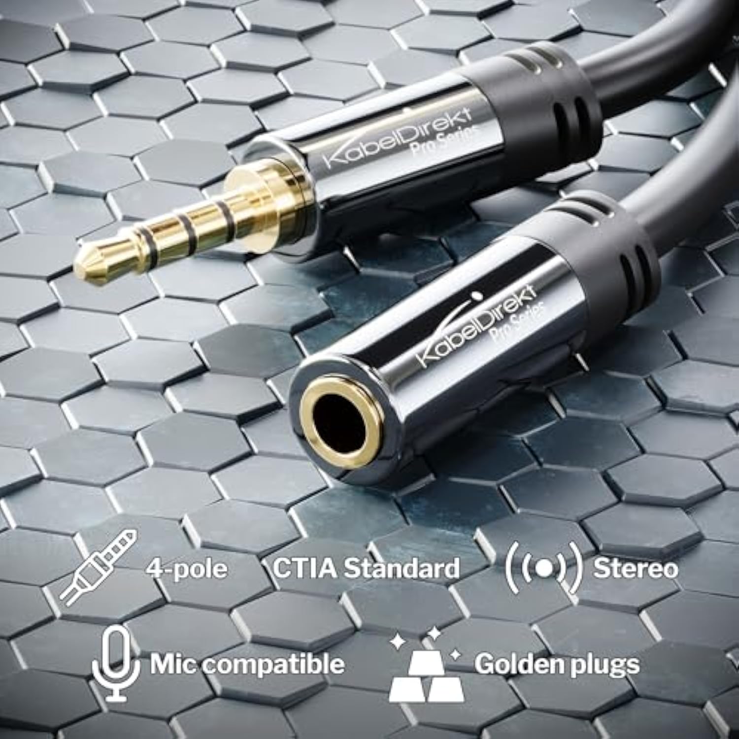 KabelDirekt – Headset Extension Cable – 10ft – Headphone Extension Cord with Break-Proof Metal Plug for Gaming Headsets & Headphones with Microphone, TRRS, 4-Pole, 3.5mm Male to Female