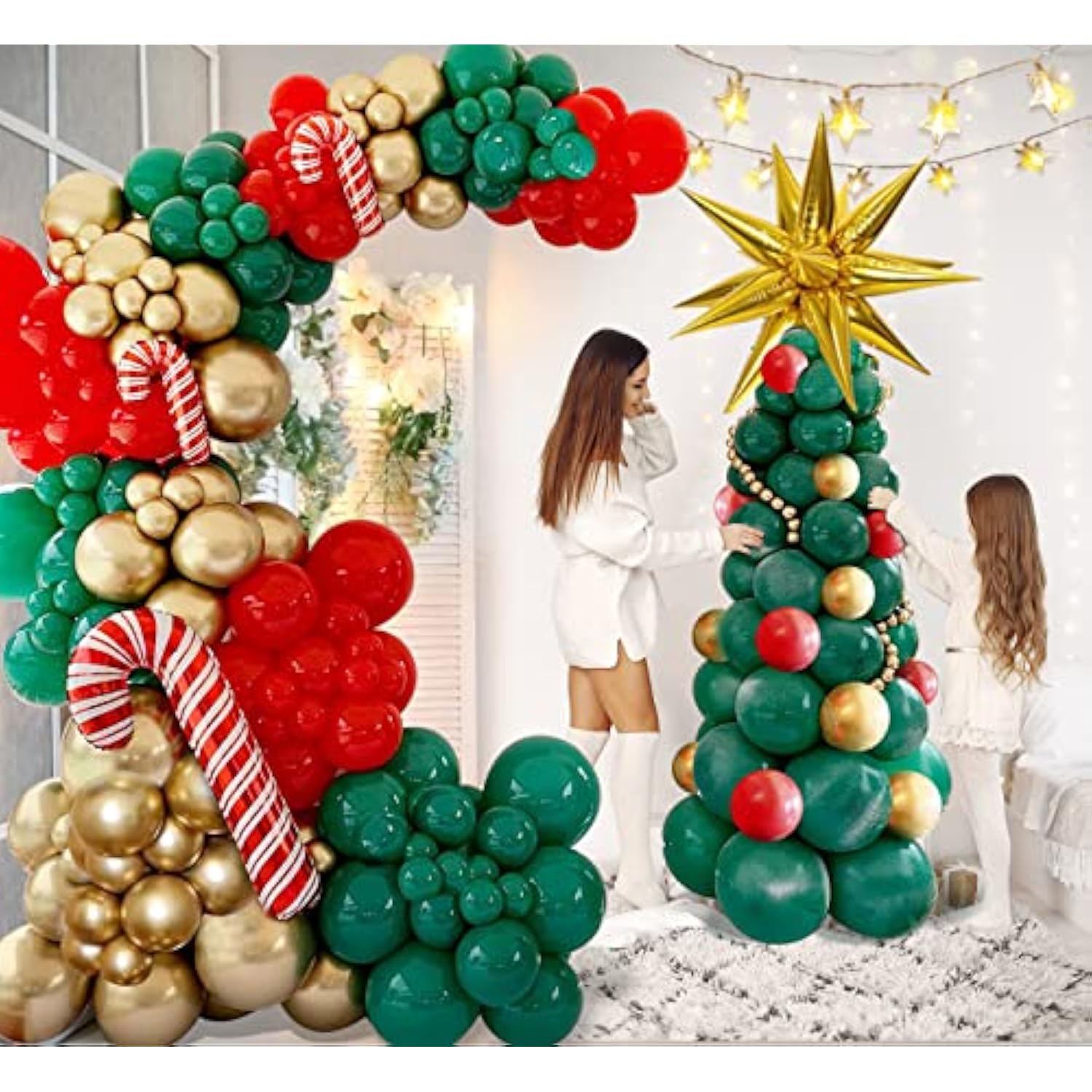 Christmas Balloons Garland Arch Kit With Red Green Gold Tree Candy Cane Golden Water Droplets Exploding Star Balloon For Christmas Party Decorations