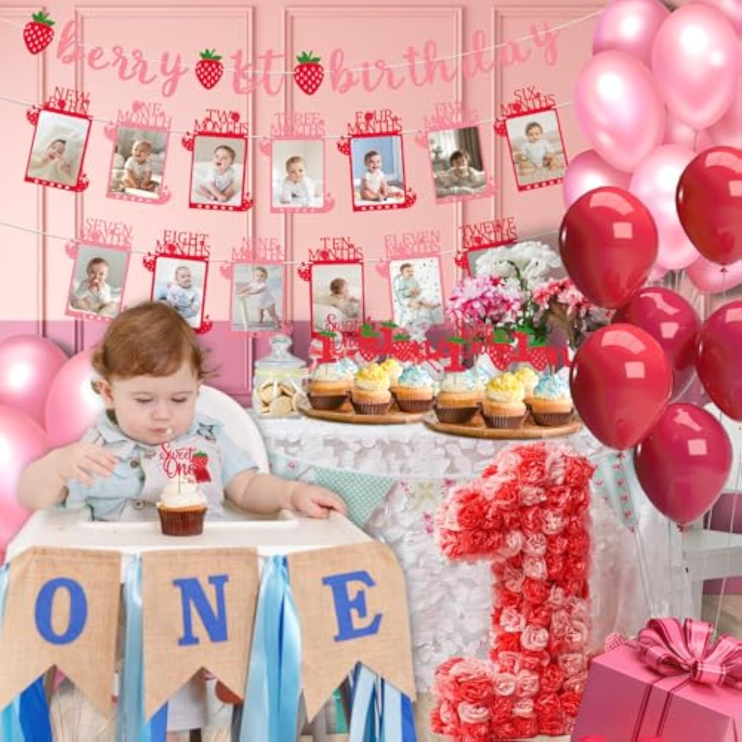 Glitter Strawberry First Birthday Photo Banner From Newborn To 12 Months Sweet One Berry 1St Birthday Party Decorations Monthly Milestone Picture Garland Banner For Girls Baby Shower, With 24Pcs Cake Toppers
