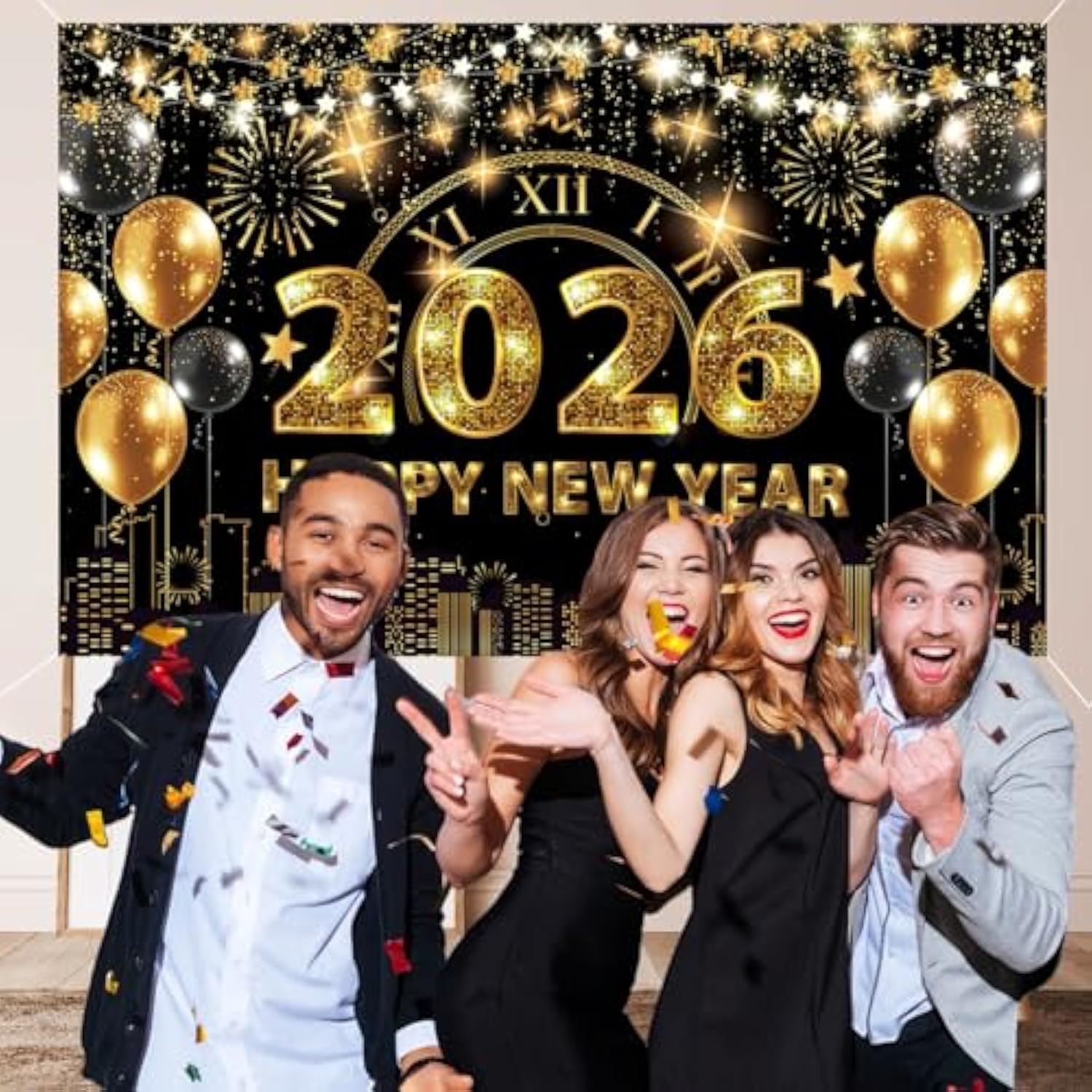 70x43 Inch Black Gold Happy New Year 2026 Backdrop Banner Party Decor