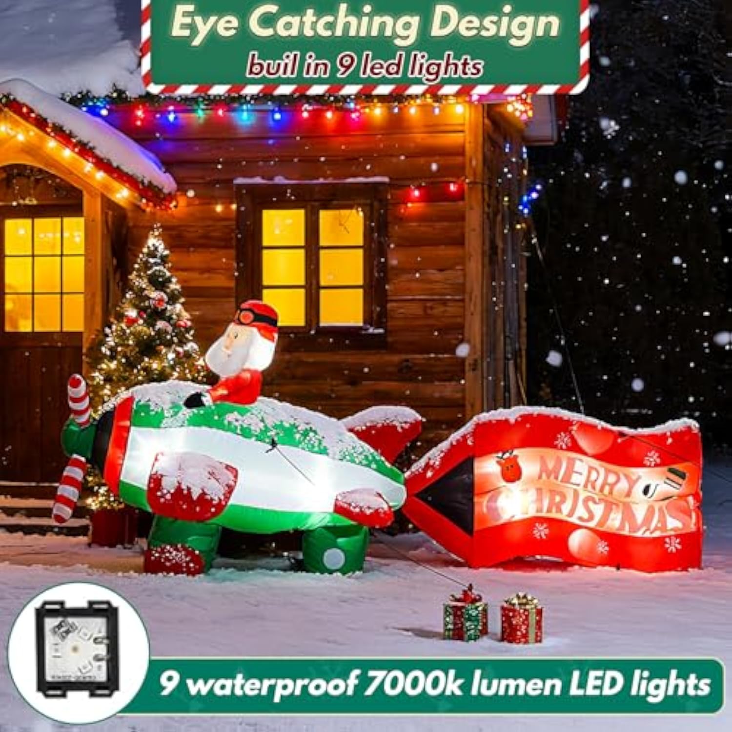 10.5Ft Christmas Inflatables Santa On Airplane With Rotating Propeller & Led Lights, Blow Up Outdoor Indoor Decor For Ch