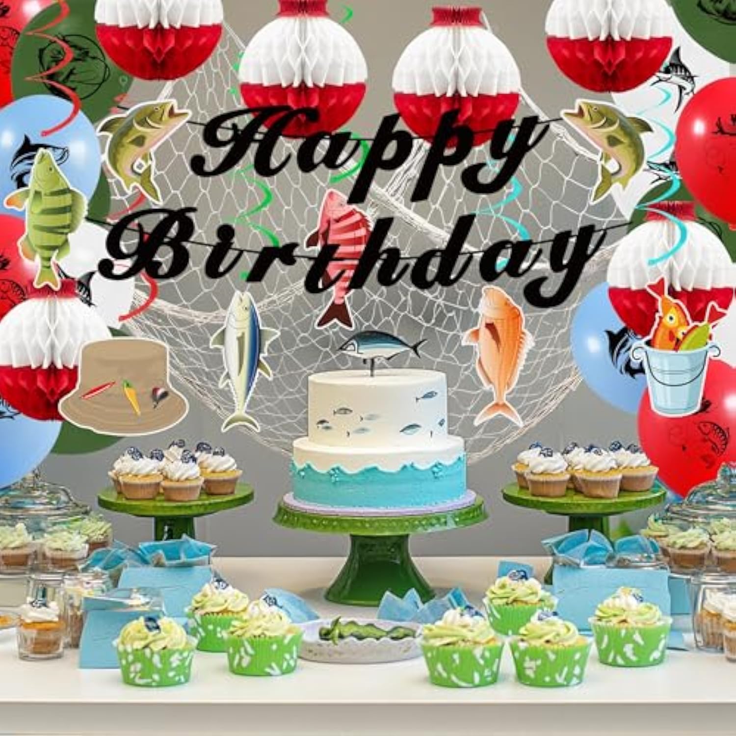 Gone Fishing Party Kit with Hanging Banner, Swirls, Balloons (Happy Birthday)