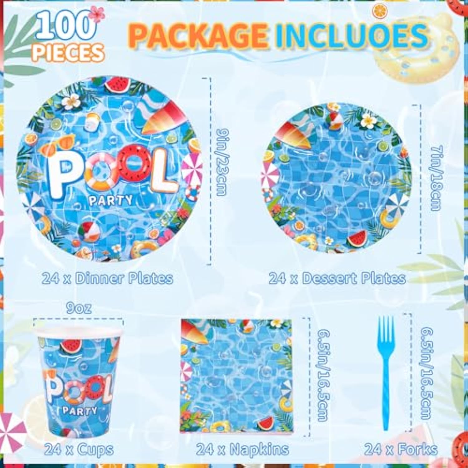 Pool Party Supplies, Summer Decorations Include Pool Party Plates, Napkins, Cups And Forks, Pool Decorations Tableware Set For Birthday, Baby Shower, Serves 24