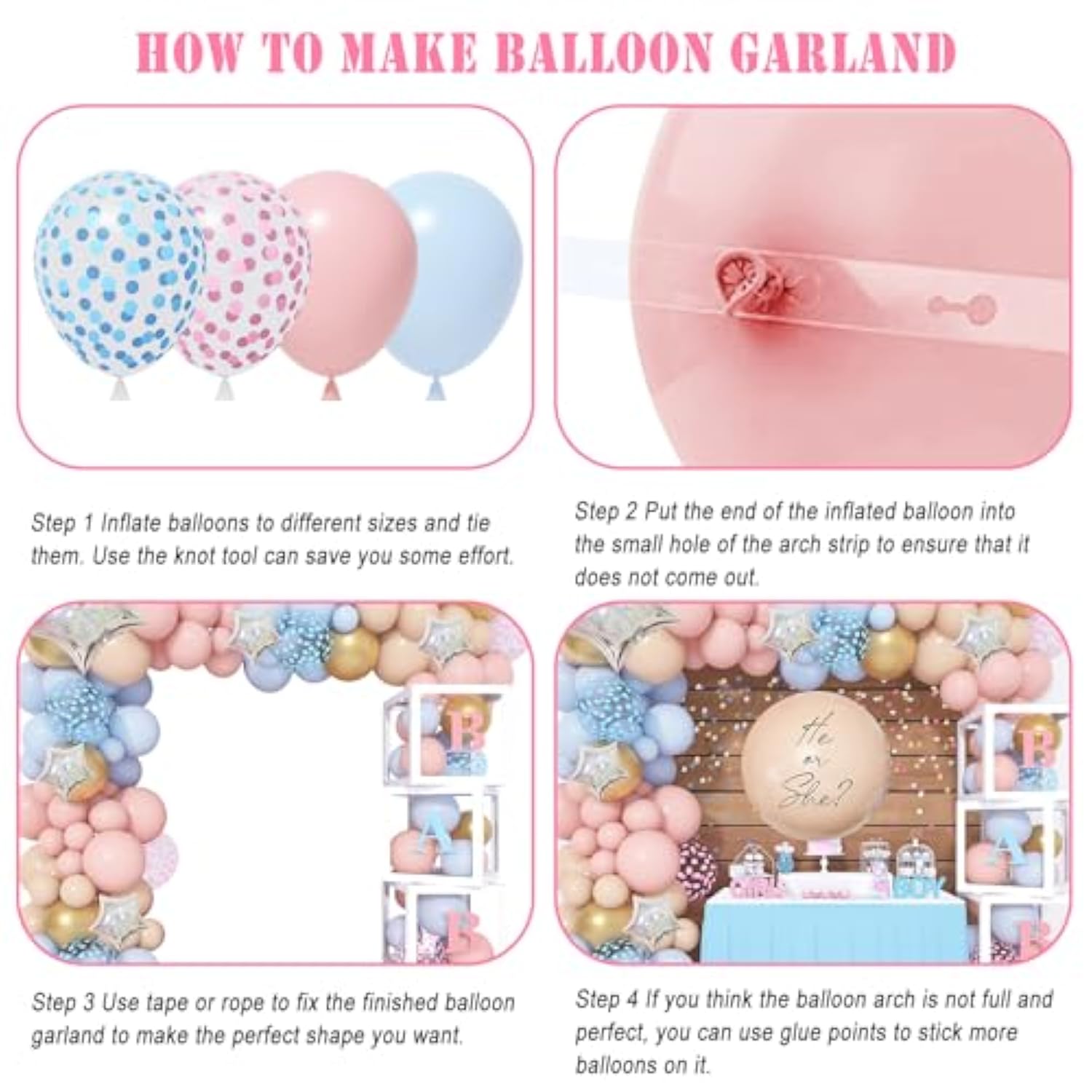 164PCS Gender Reveal Balloon Kit with Baby Boxes & Letters for Baby Shower Party