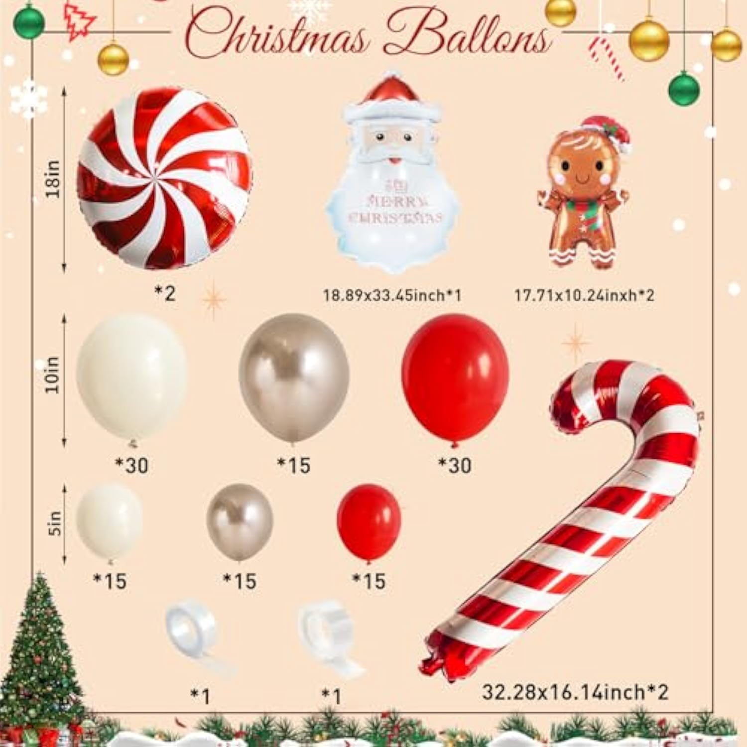 Merry Christmas Balloon Arch Garland Kit, 127Pcs Red Sand White Gold Xmas Balloons With Gingerbread Man Santa Claus Candy Cane Foil Balloons For Christmas Holiday Winter New Year Party Decorations