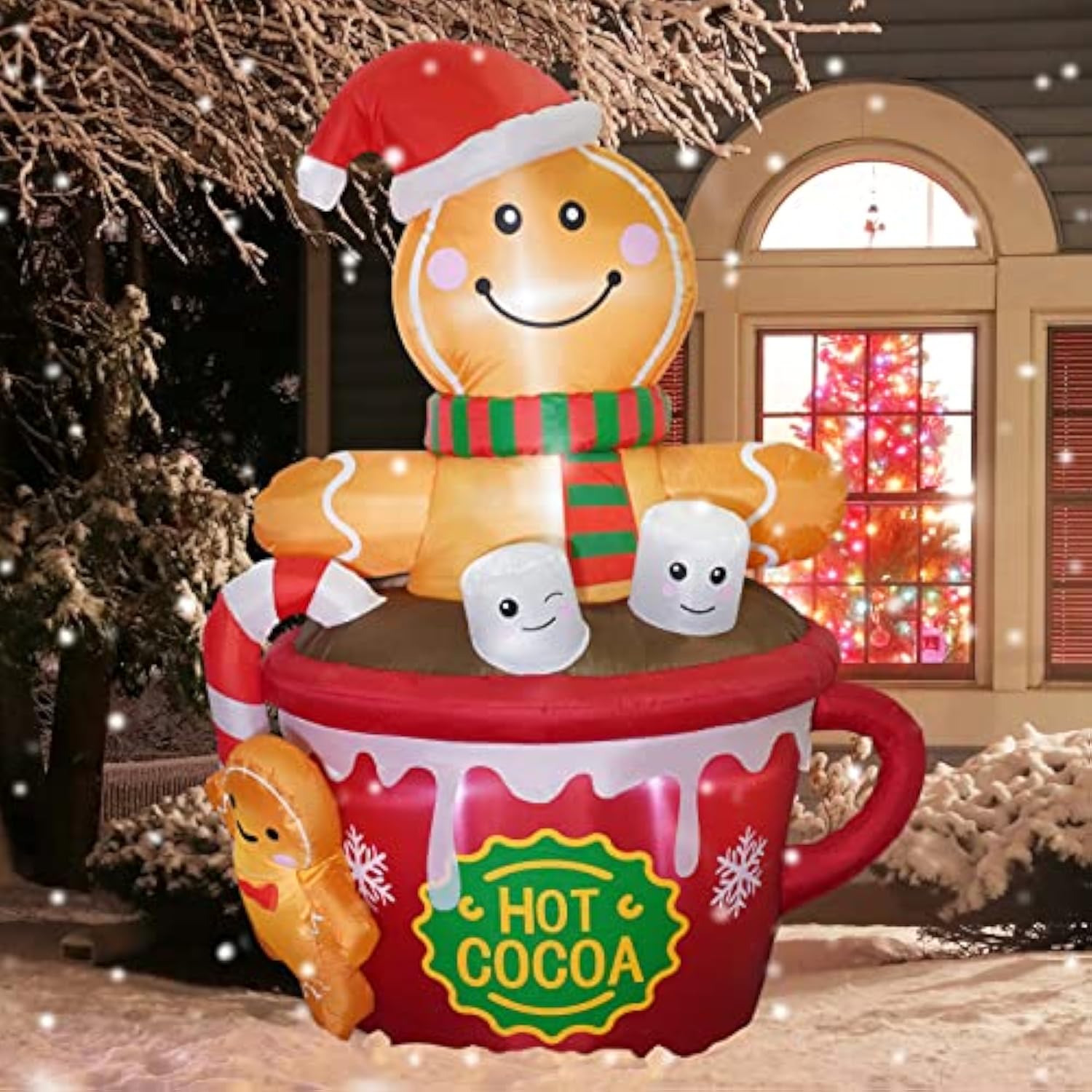 6 Ft Christmas Inflatables Outdoor Decorations, Cute Christmas Blow Up Yard Decorations Gingerbread Man In Hot Cocoa Mug
